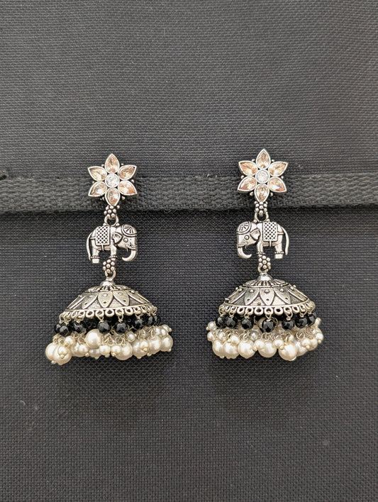 Oxidized Silver Elephant design Large Jhumka Earrings - Simpliful