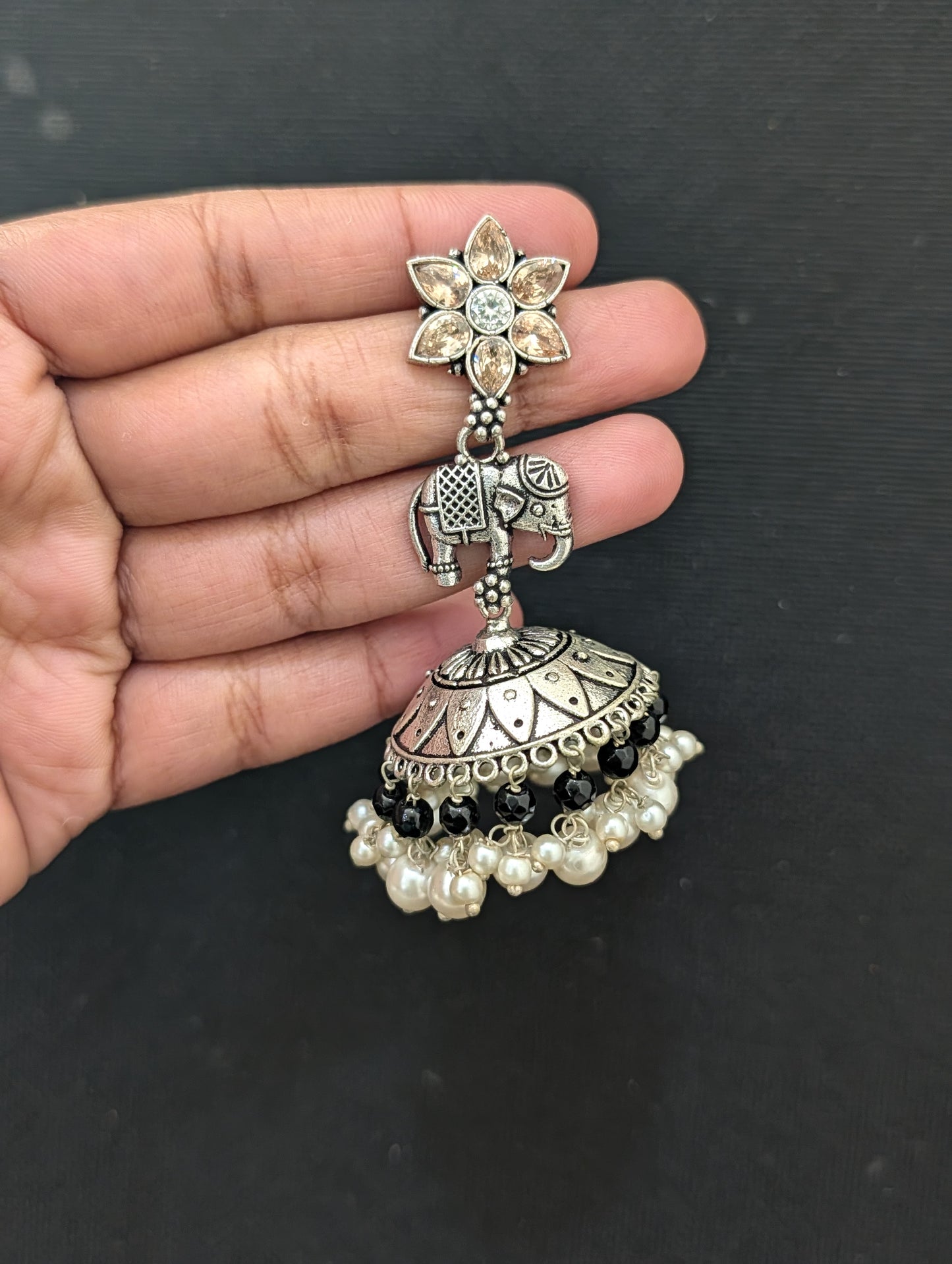 Oxidized Silver Elephant design Large Jhumka Earrings - Simpliful