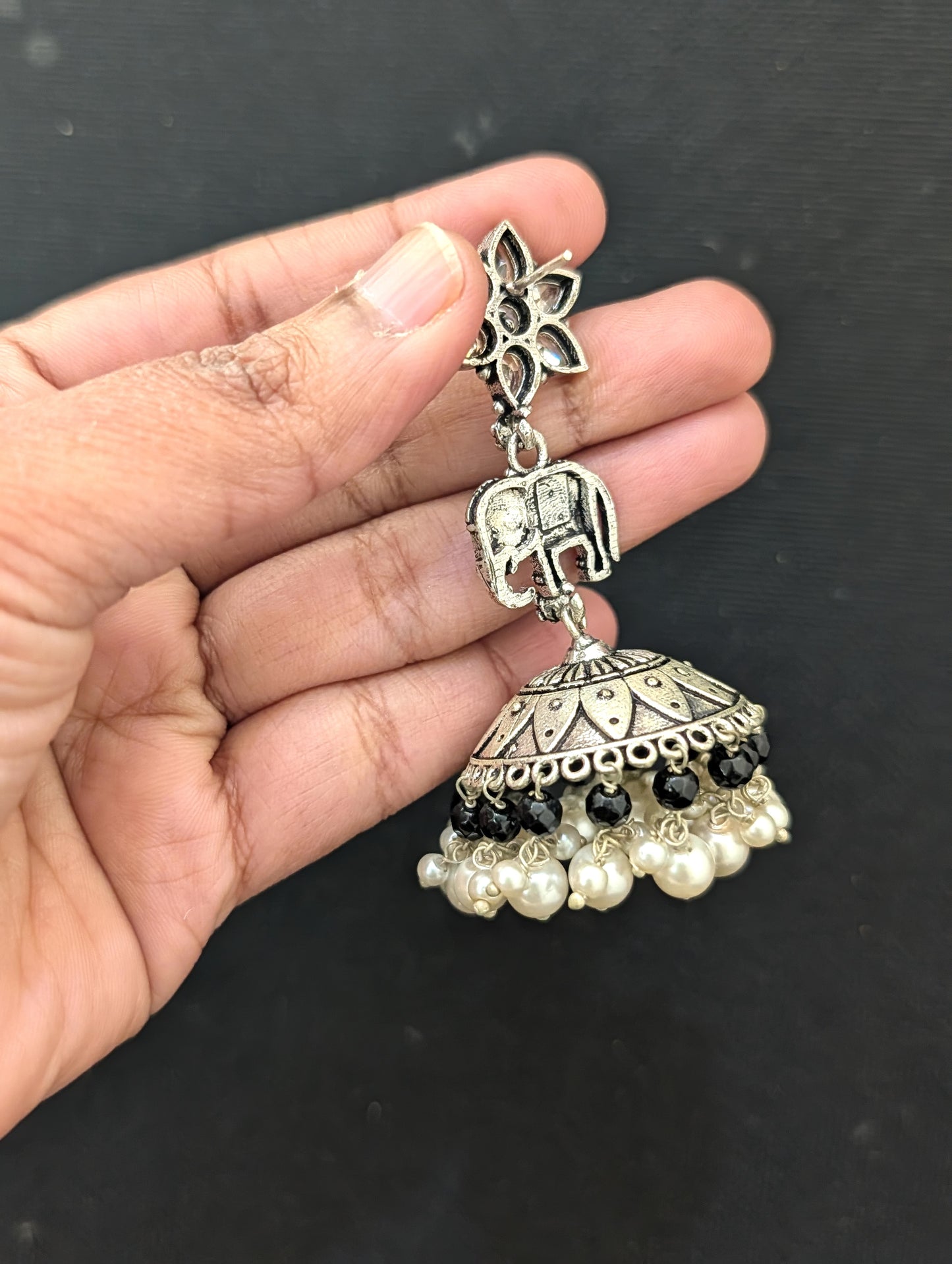 Oxidized Silver Elephant design Large Jhumka Earrings - Simpliful