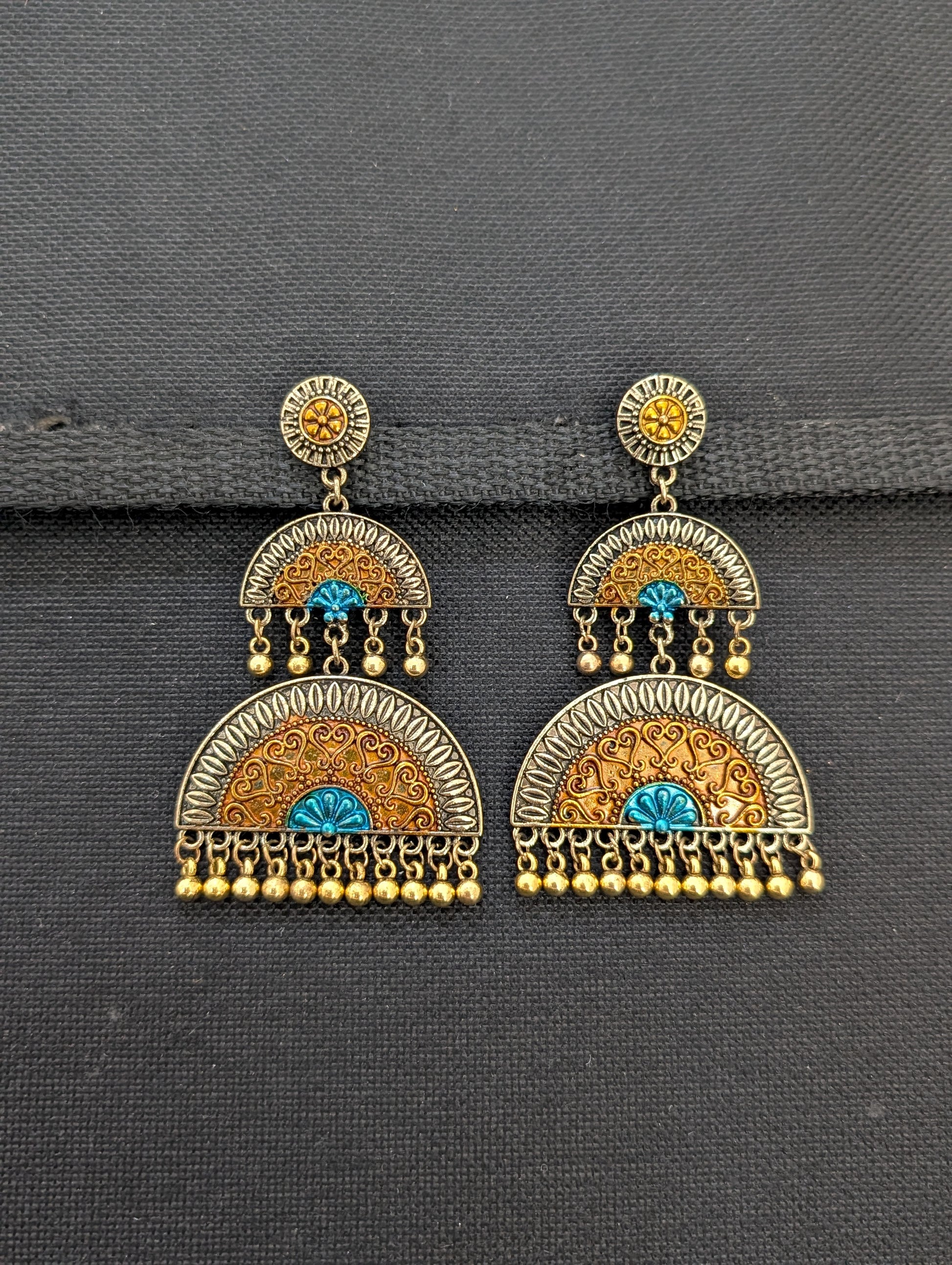 Round stud with matte meenakari work gold bead hanging double semi circle linked antique earring - Simpliful