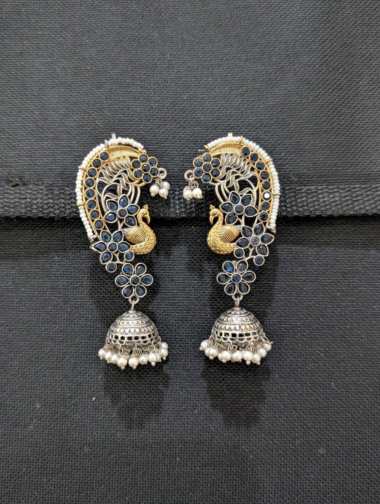 Dual tone German silver Peacock Ear cuff Jhumka earrings - Simpliful