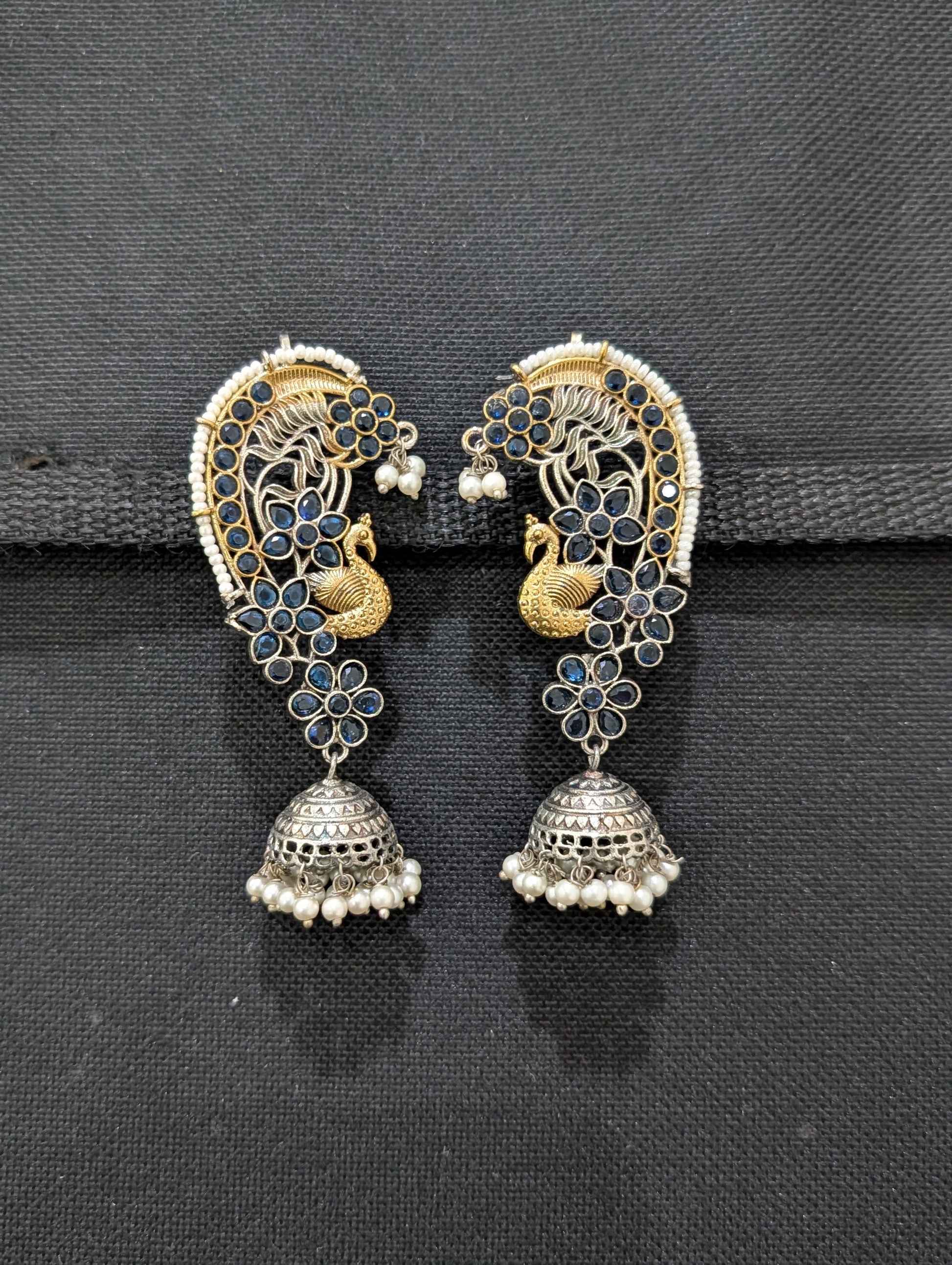 Dual tone German silver Peacock Ear cuff Jhumka earrings - Simpliful