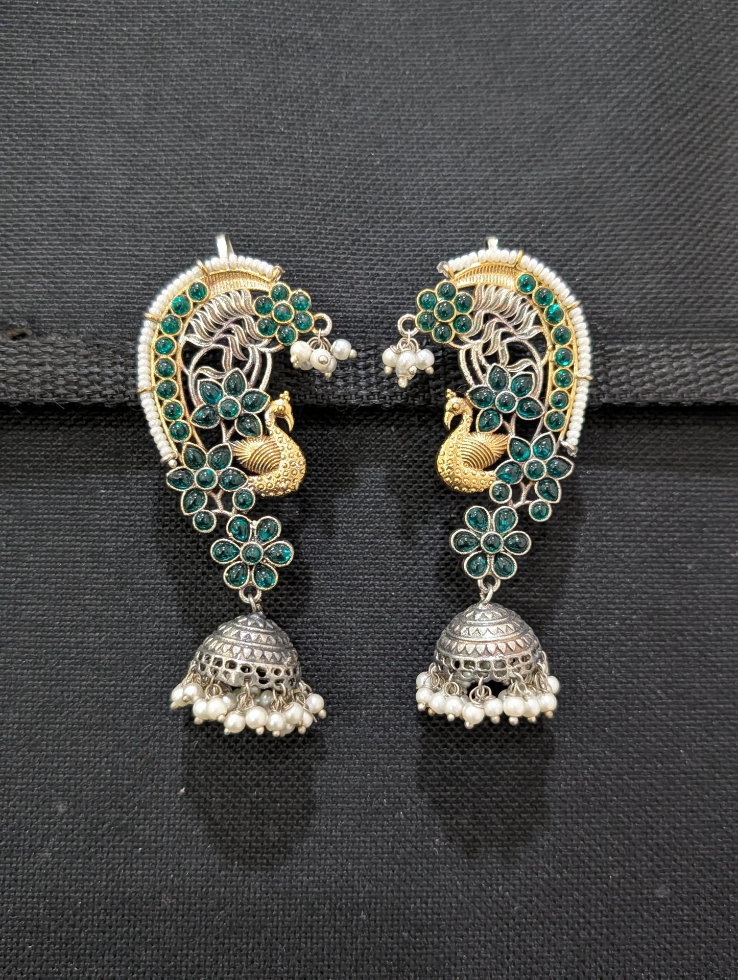 Dual tone German silver Peacock Ear cuff Jhumka earrings - Simpliful