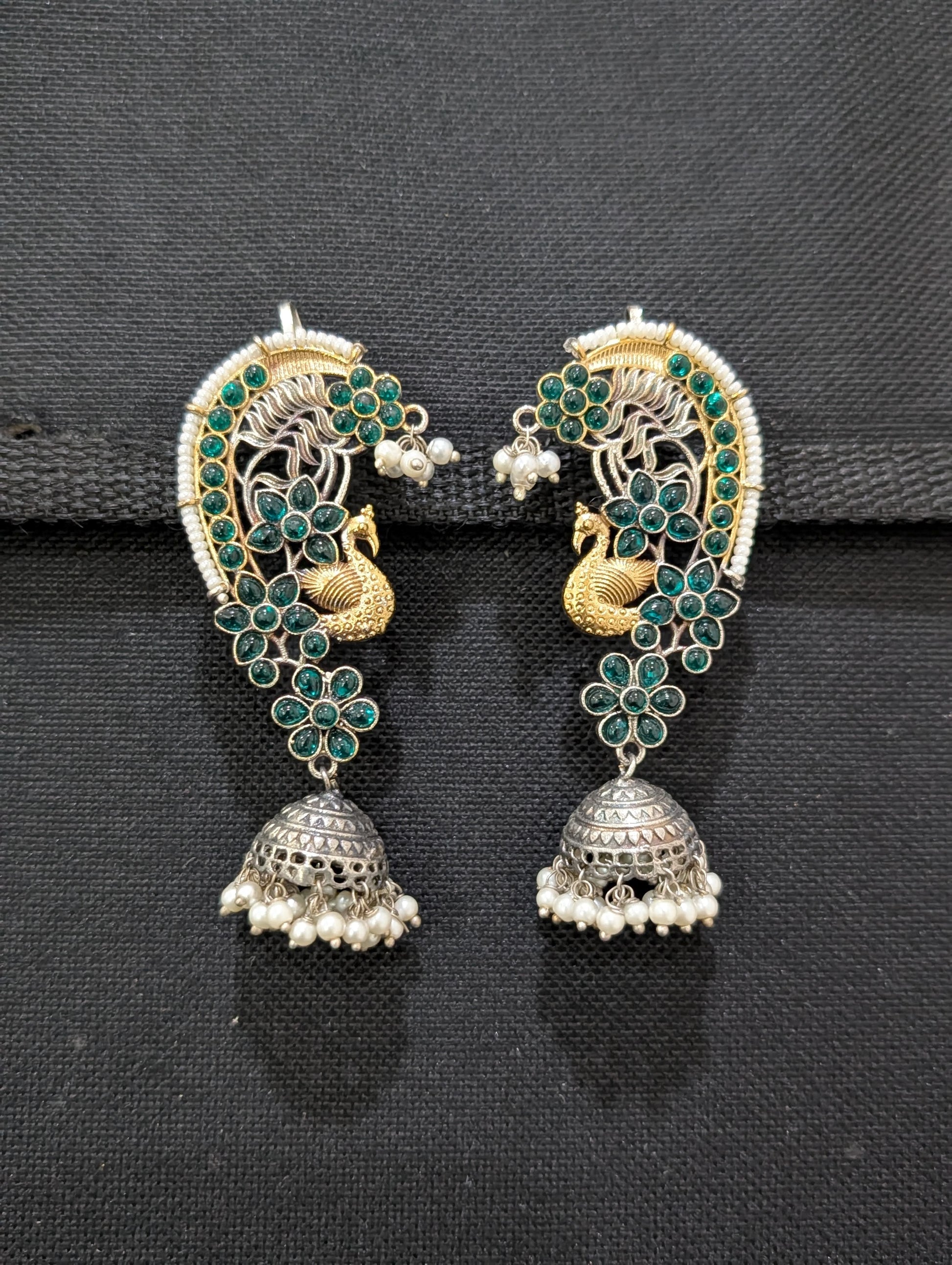 Dual tone German silver Peacock Ear cuff Jhumka earrings - Simpliful