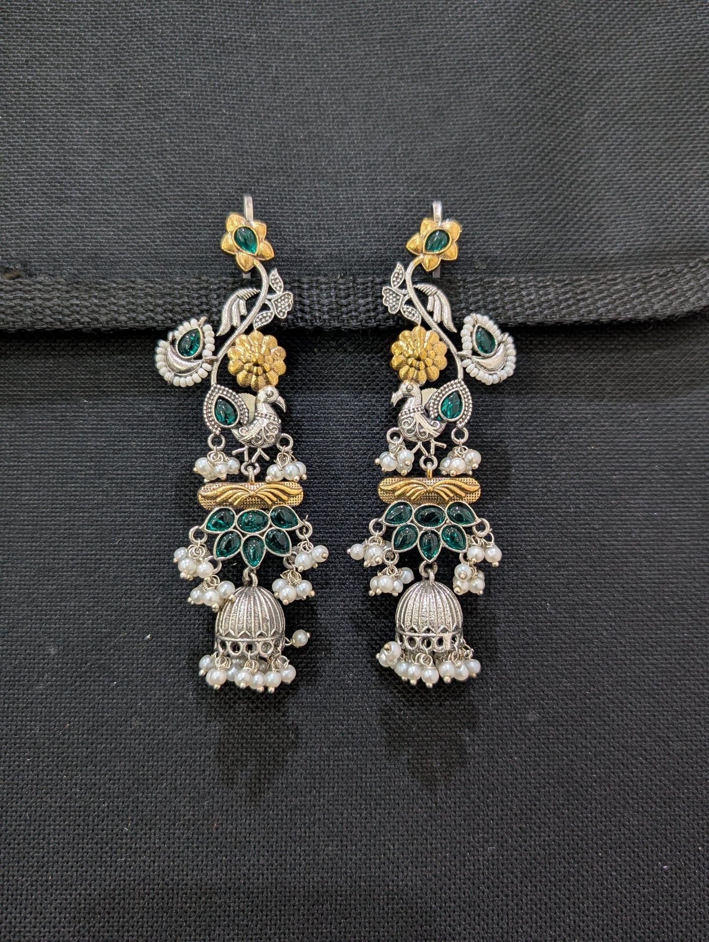Dual tone German silver Bird Ear cuff Jhumka earrings - Simpliful