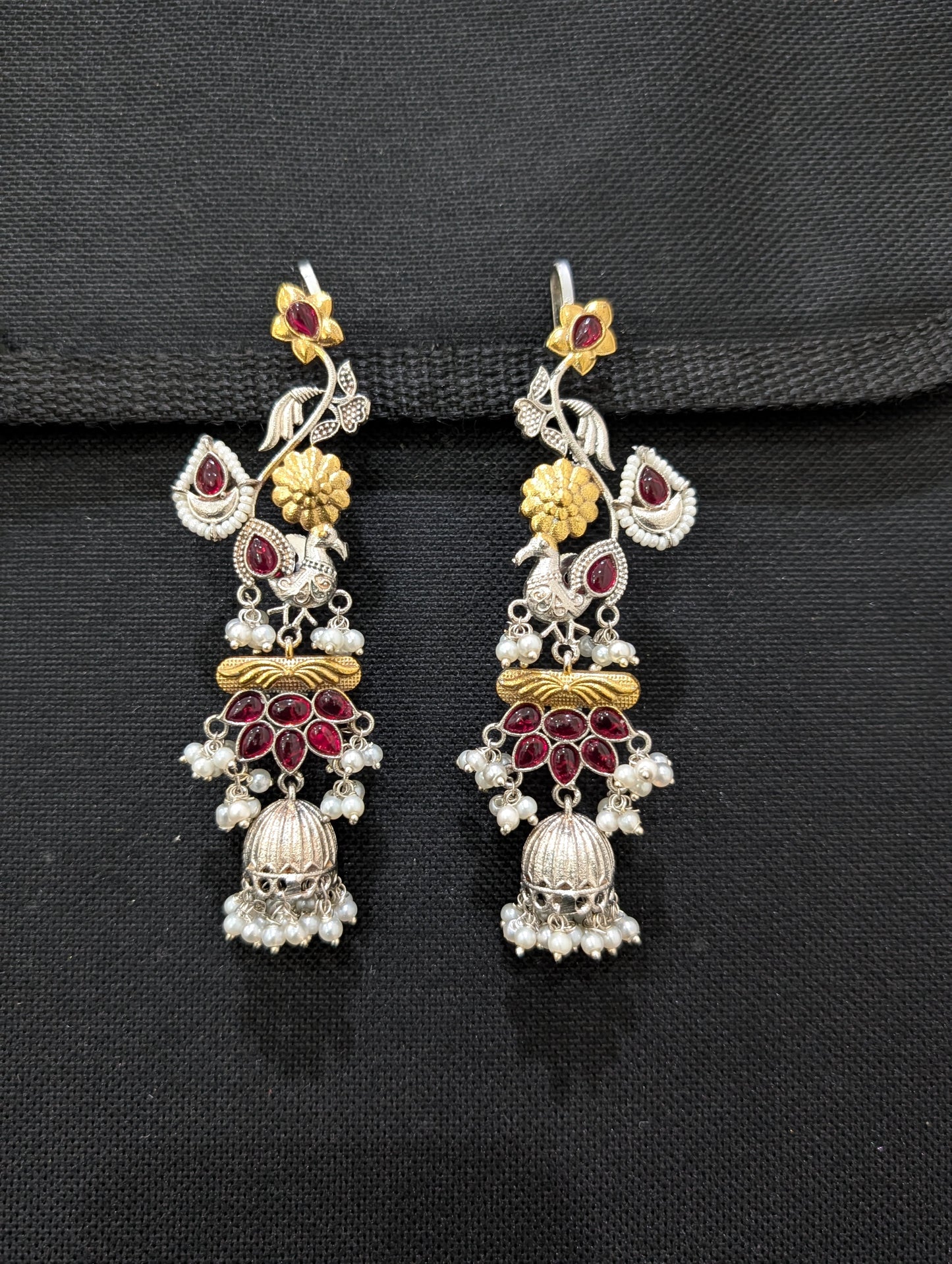 Dual tone German silver Bird Ear cuff Jhumka earrings - Simpliful