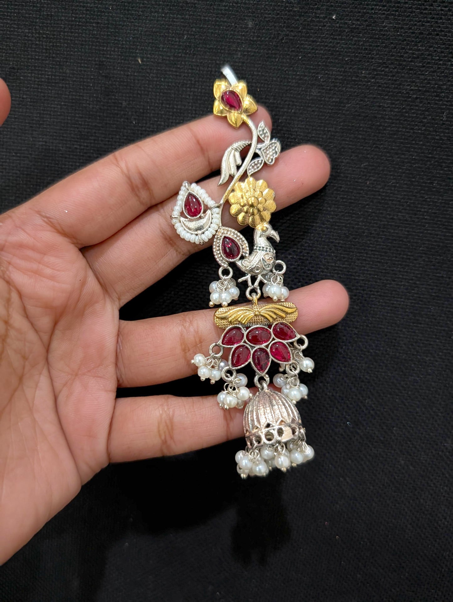 Dual tone German silver Bird Ear cuff Jhumka earrings - Simpliful
