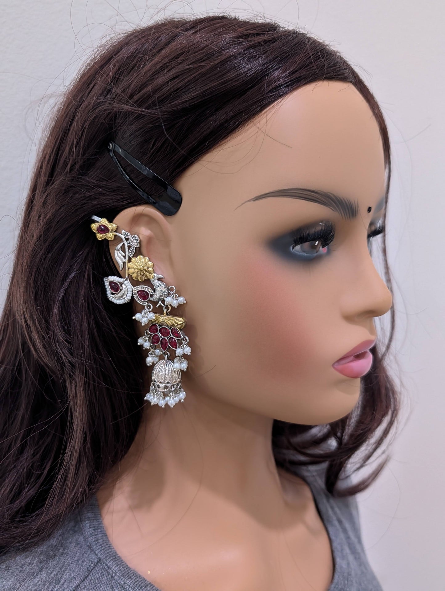 Dual tone German silver Bird Ear cuff Jhumka earrings - Simpliful