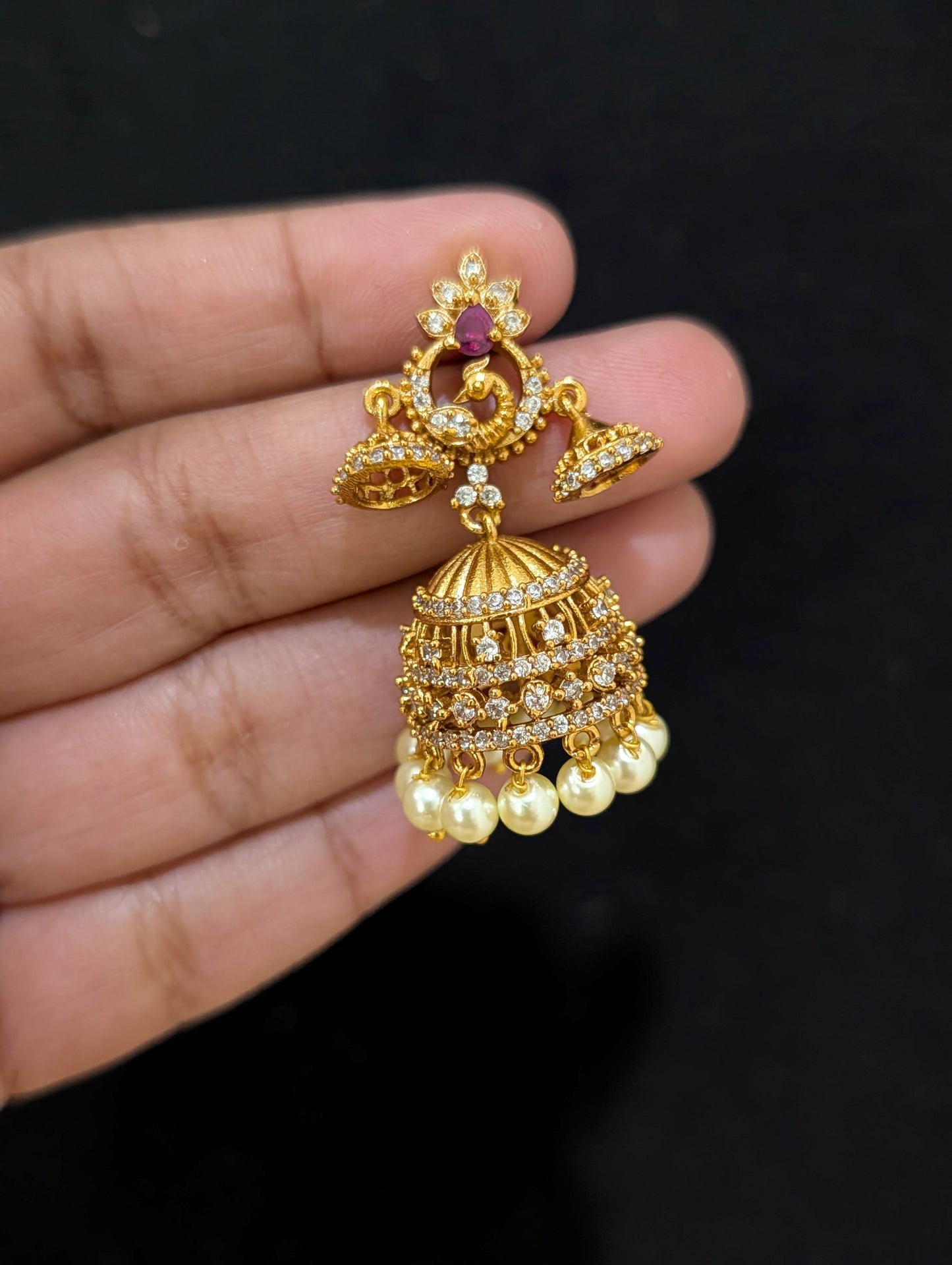 Antique gold plated CZ Multiple Jhumka Earrings - Simpliful