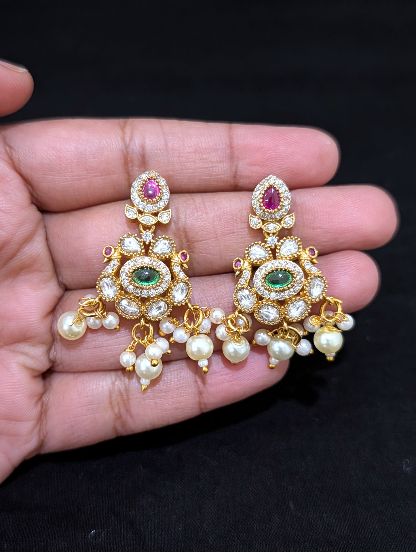 Triple pearl stranded Antique Pendant and Earrings set - Simpliful
