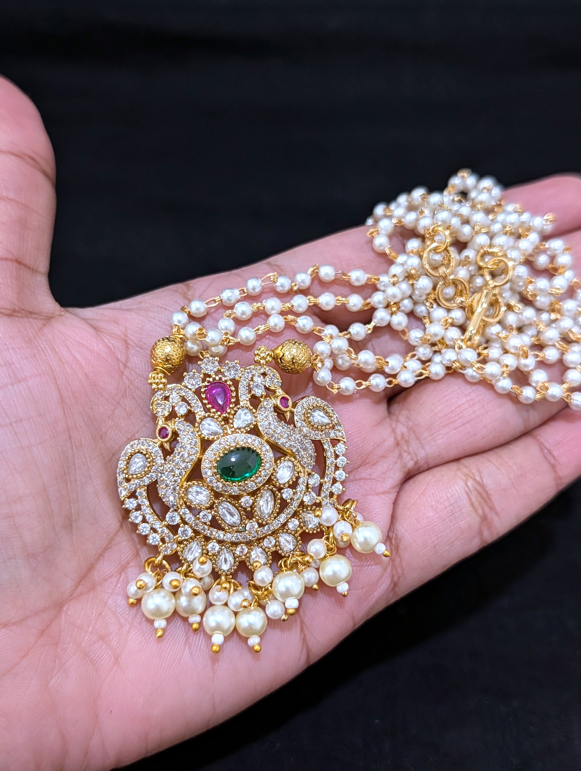 Triple pearl stranded Antique Pendant and Earrings set - Simpliful