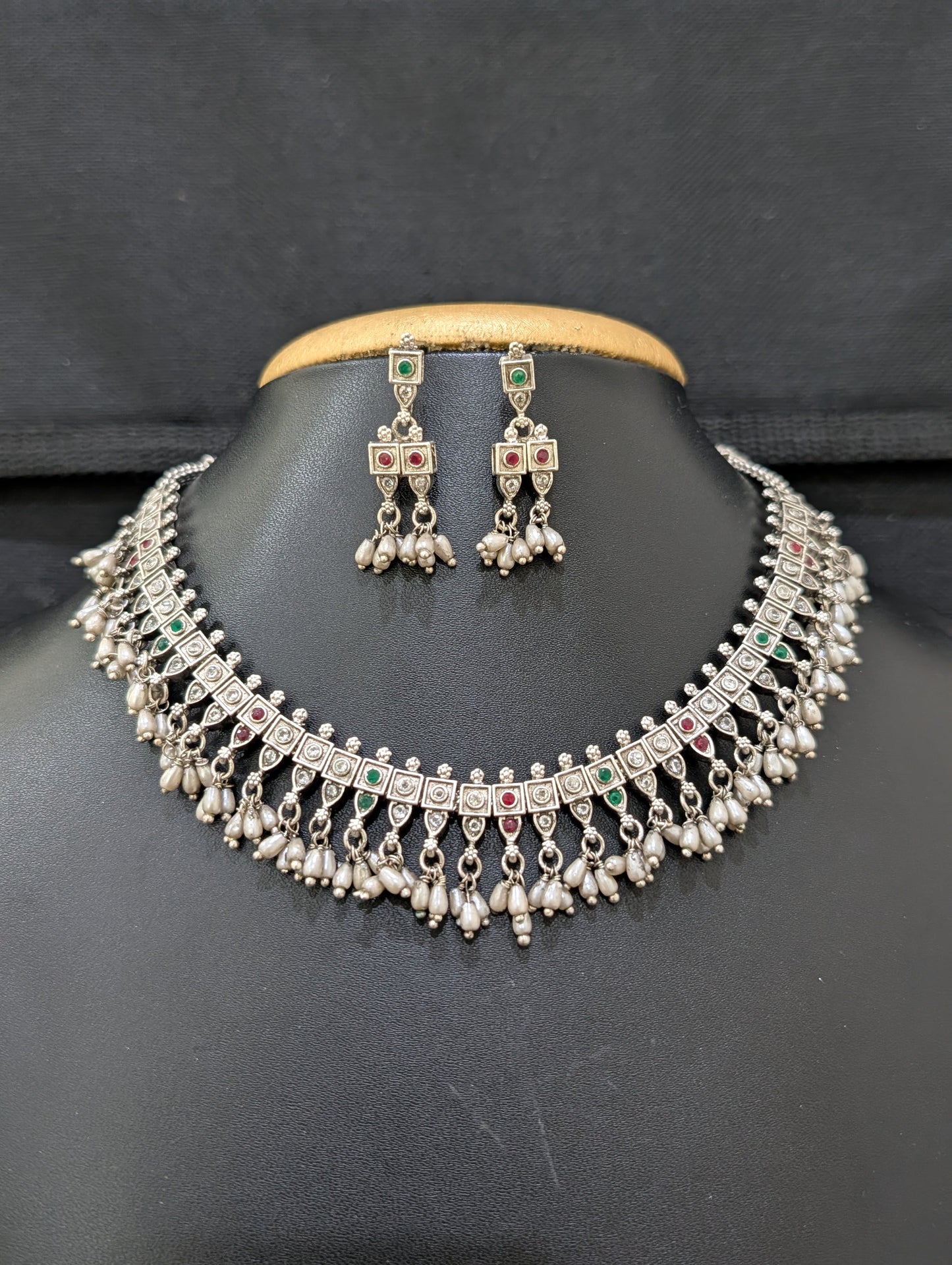 Grayish  Silver Guttapusalu CZ Choker necklace and Earrings set - Simpliful