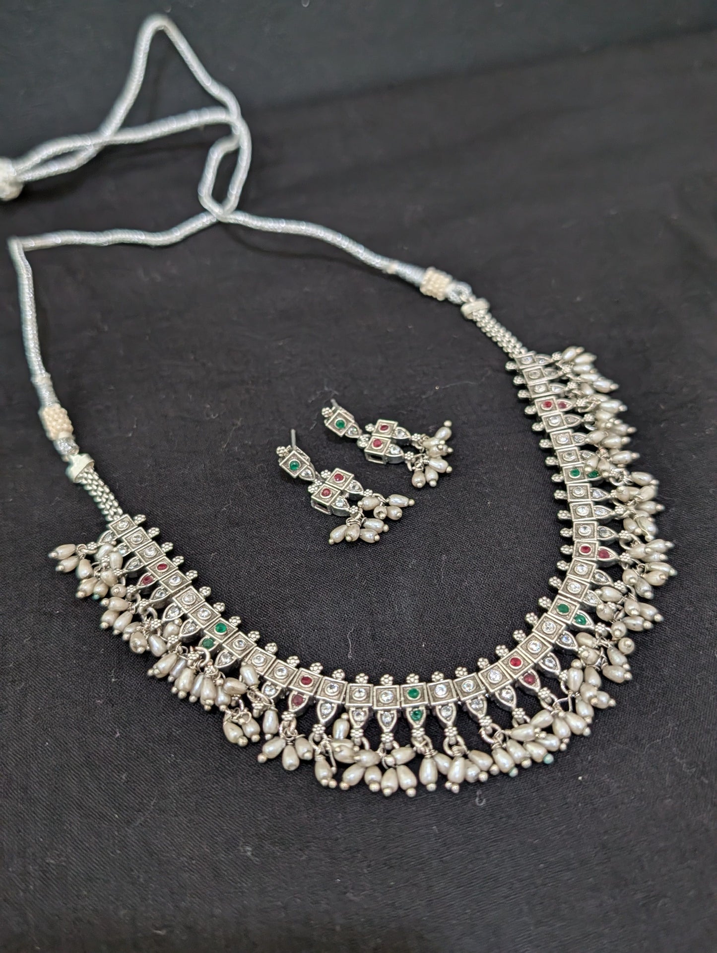 Grayish  Silver Guttapusalu CZ Choker necklace and Earrings set - Simpliful