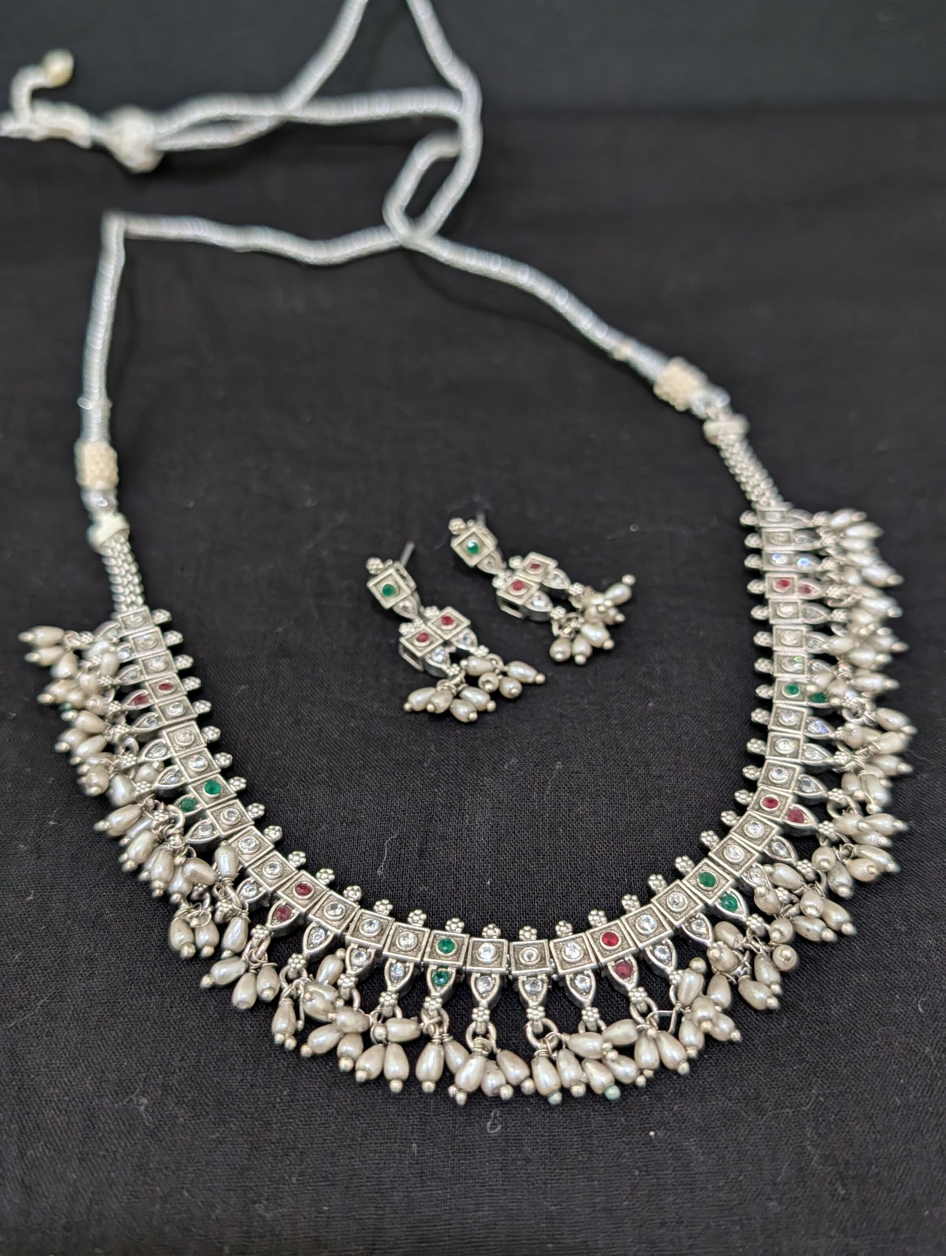 Grayish  Silver Guttapusalu CZ Choker necklace and Earrings set - Simpliful
