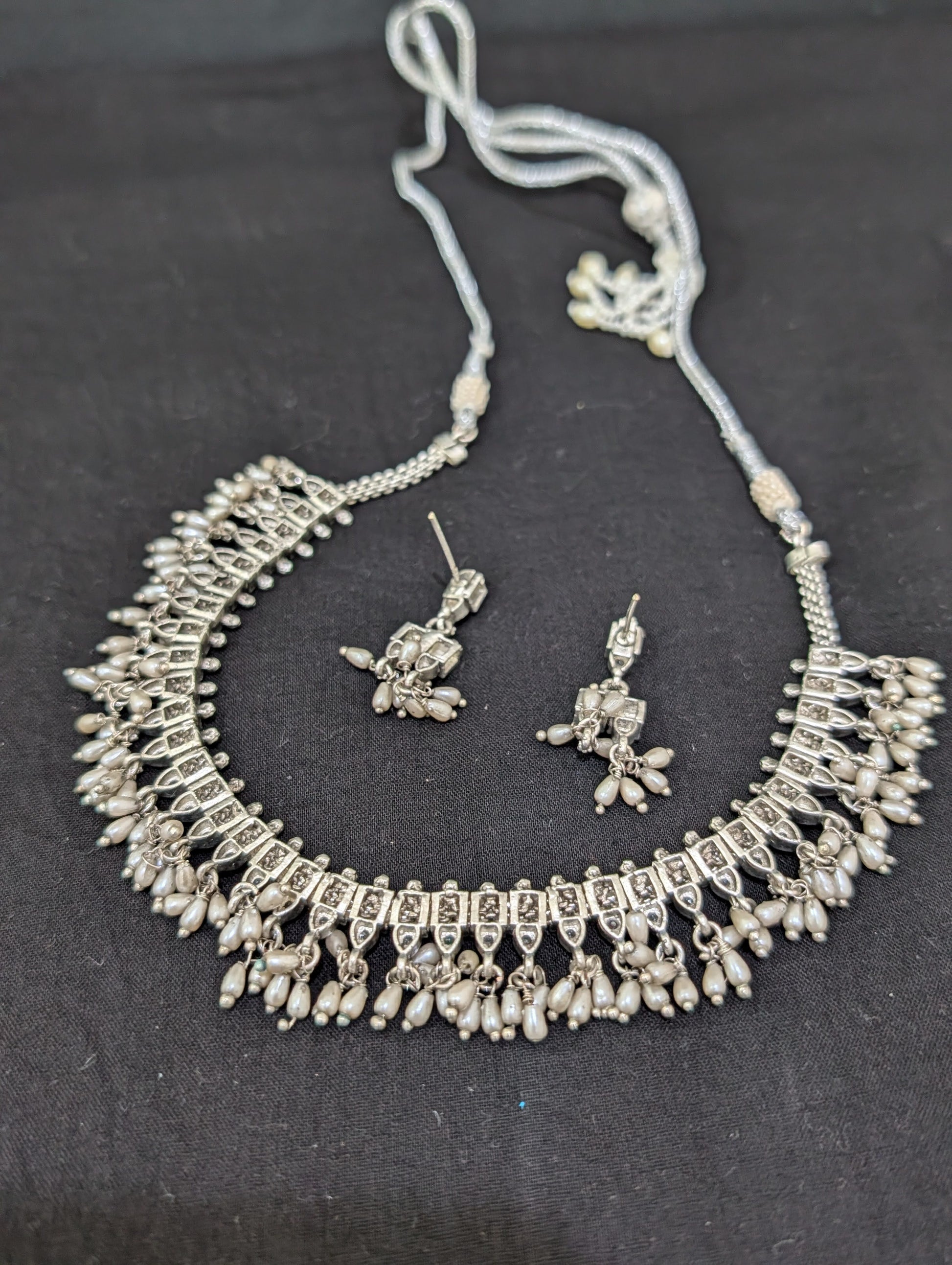 Grayish  Silver Guttapusalu CZ Choker necklace and Earrings set - Simpliful