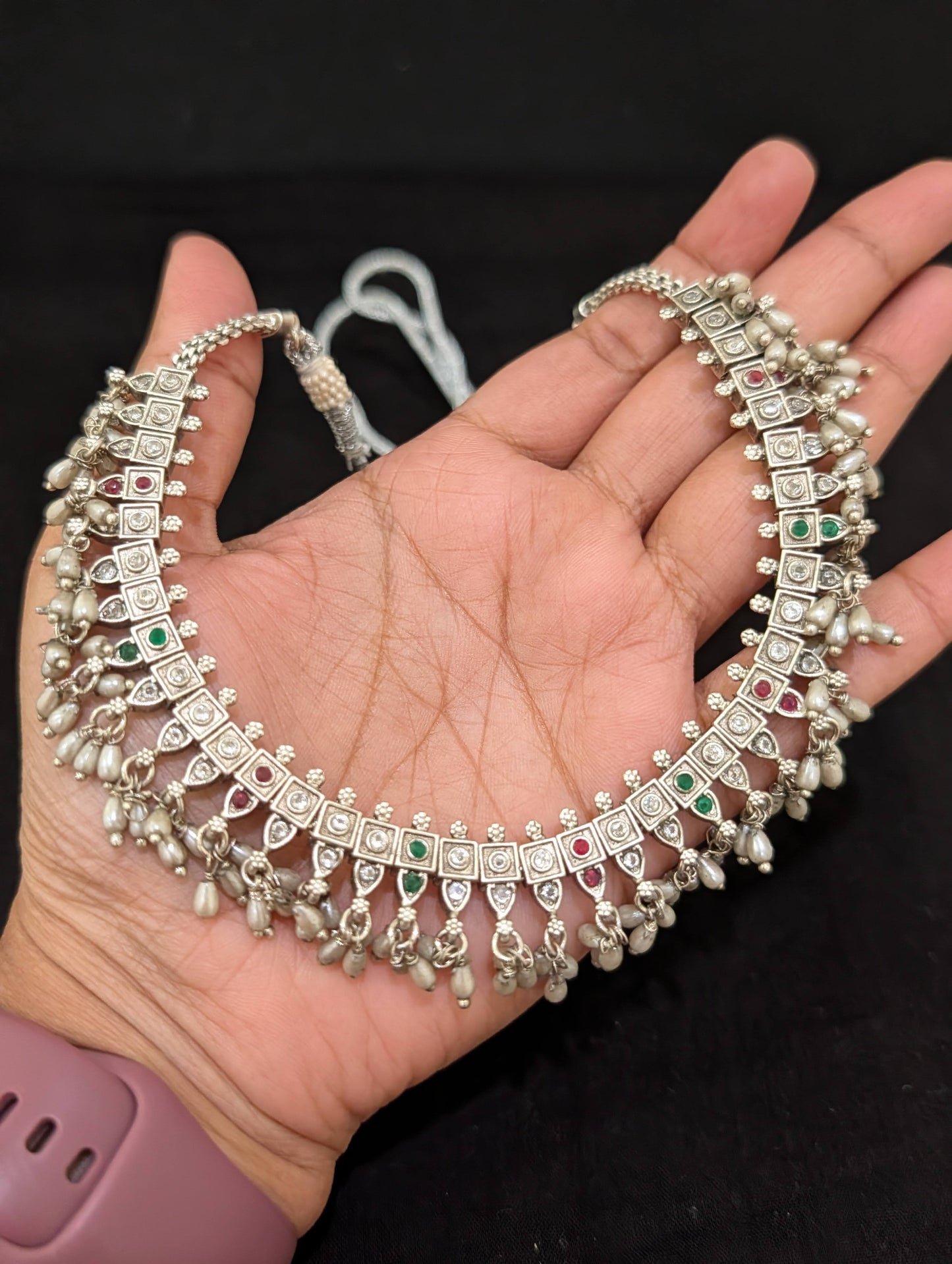 Grayish  Silver Guttapusalu CZ Choker necklace and Earrings set - Simpliful