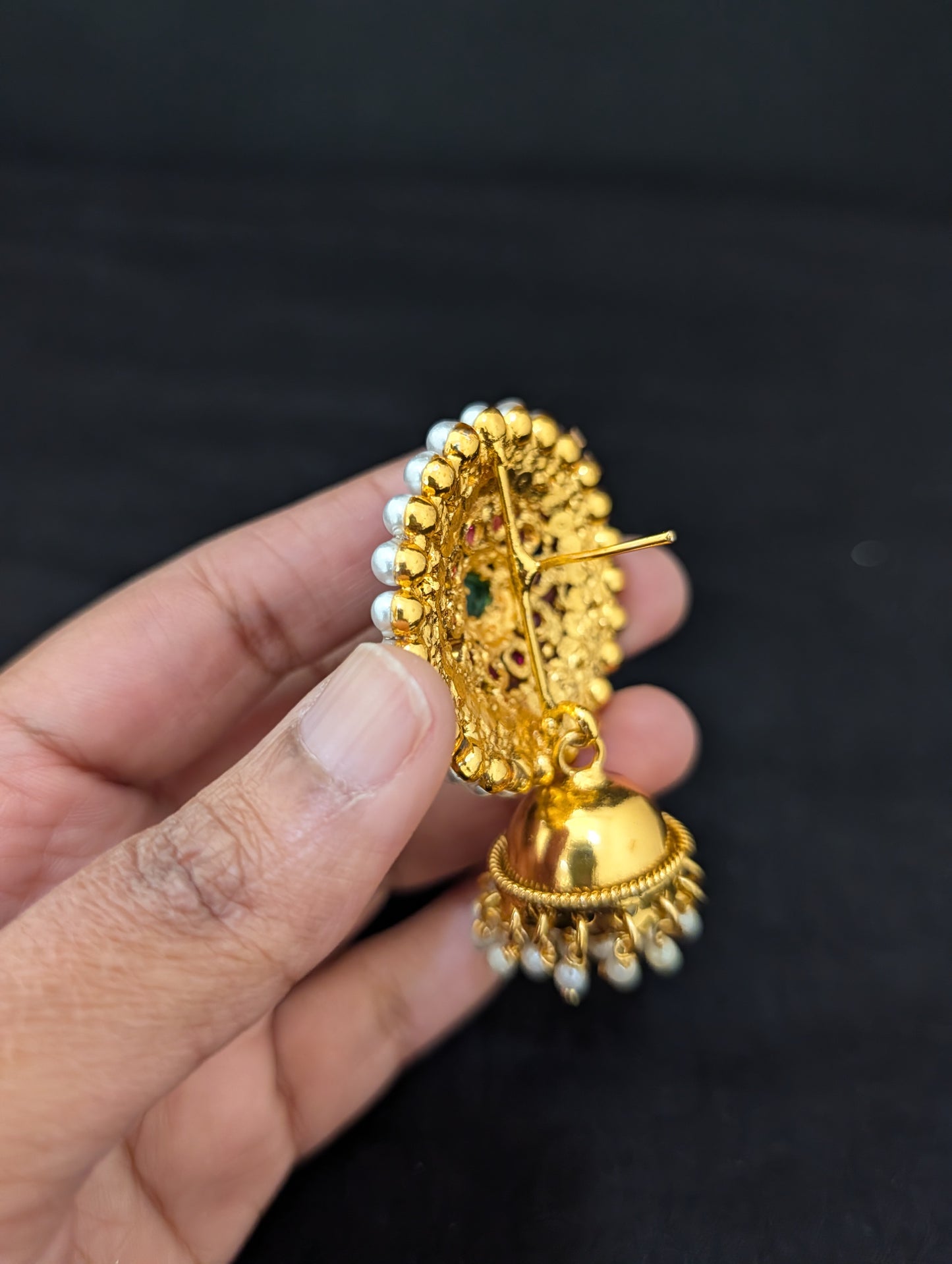 Gold plated Kemp Jhumka Earrings - Simpliful