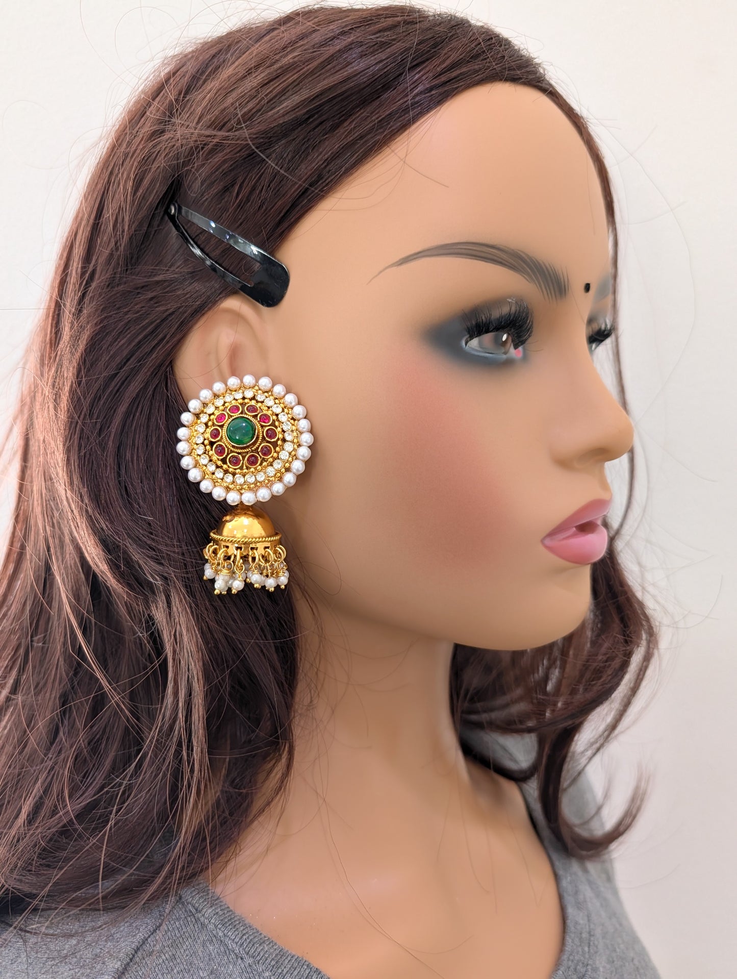 Gold plated Kemp Jhumka Earrings - Simpliful