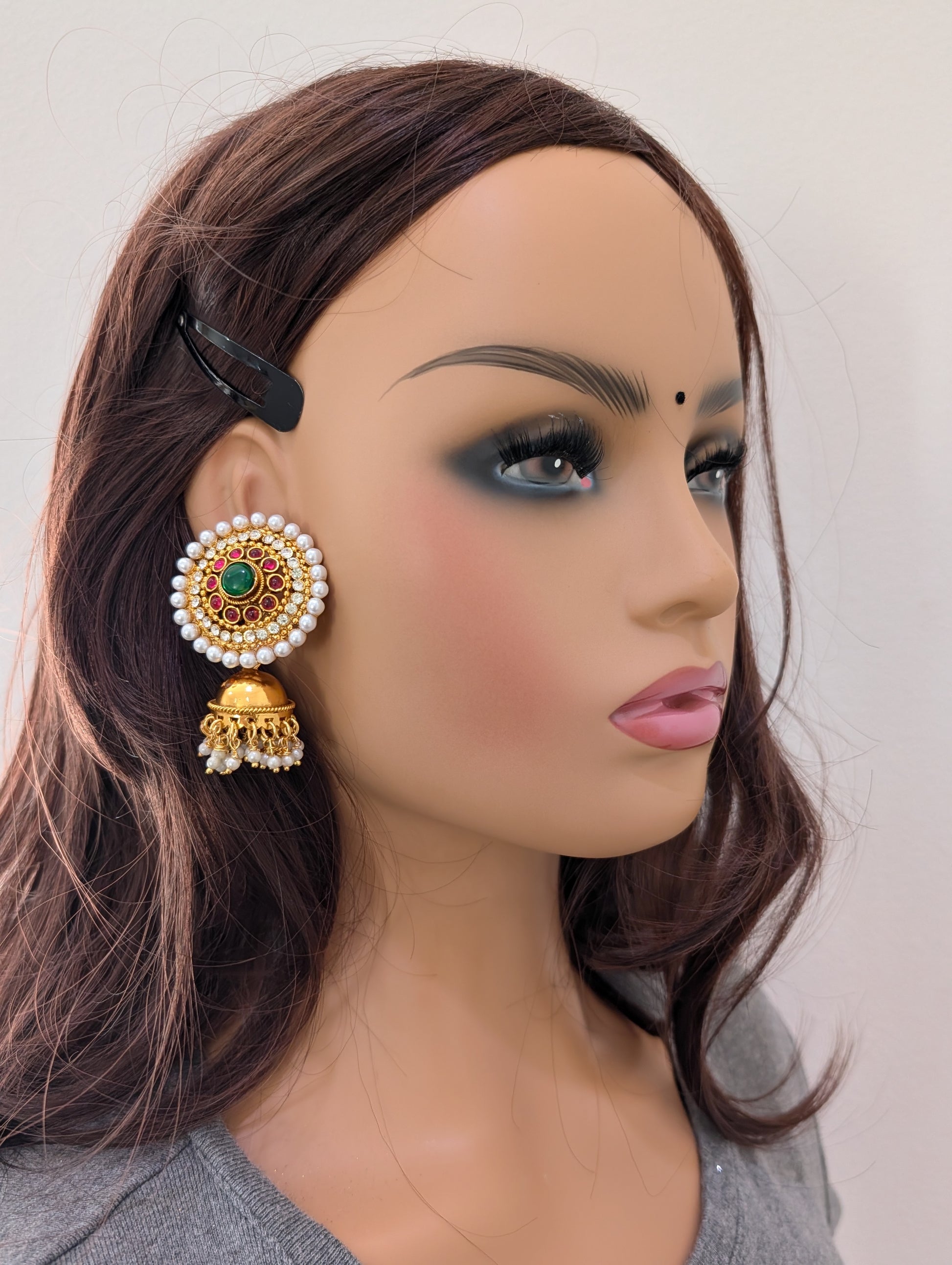 Gold plated Kemp Jhumka Earrings - Simpliful
