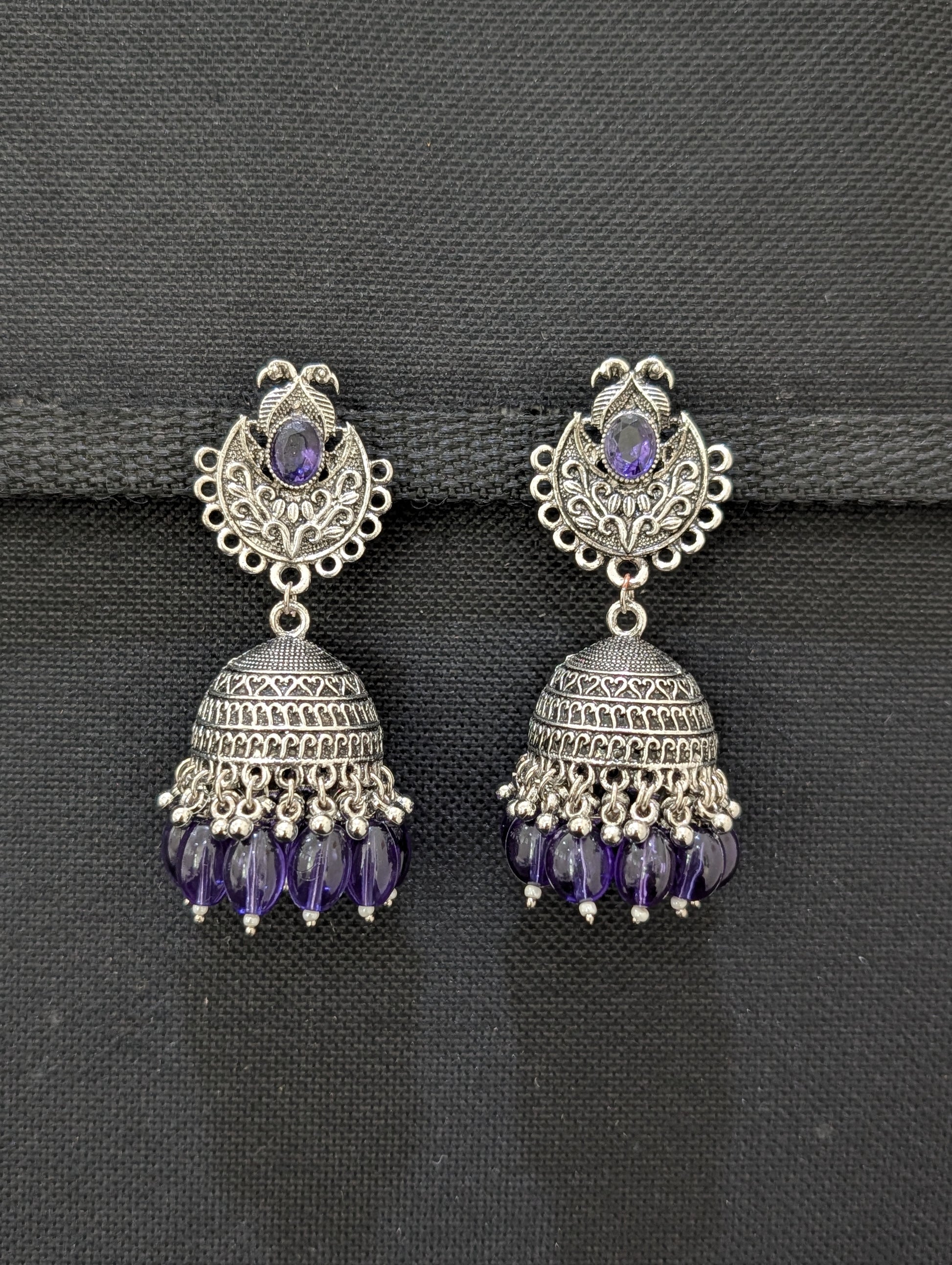Oxidized silver beaded Jhumka earrings - Simpliful