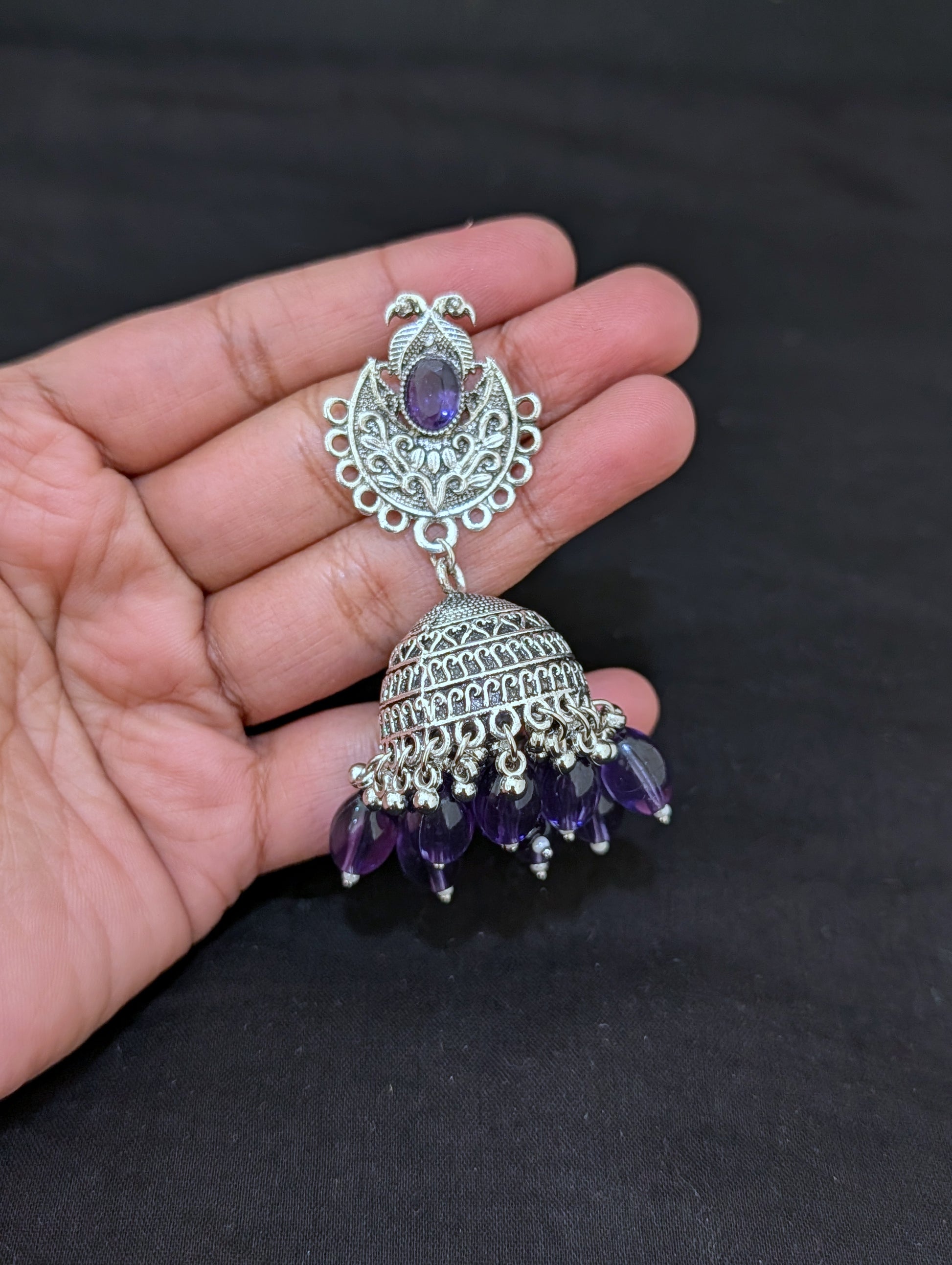Oxidized silver beaded Jhumka earrings - Simpliful