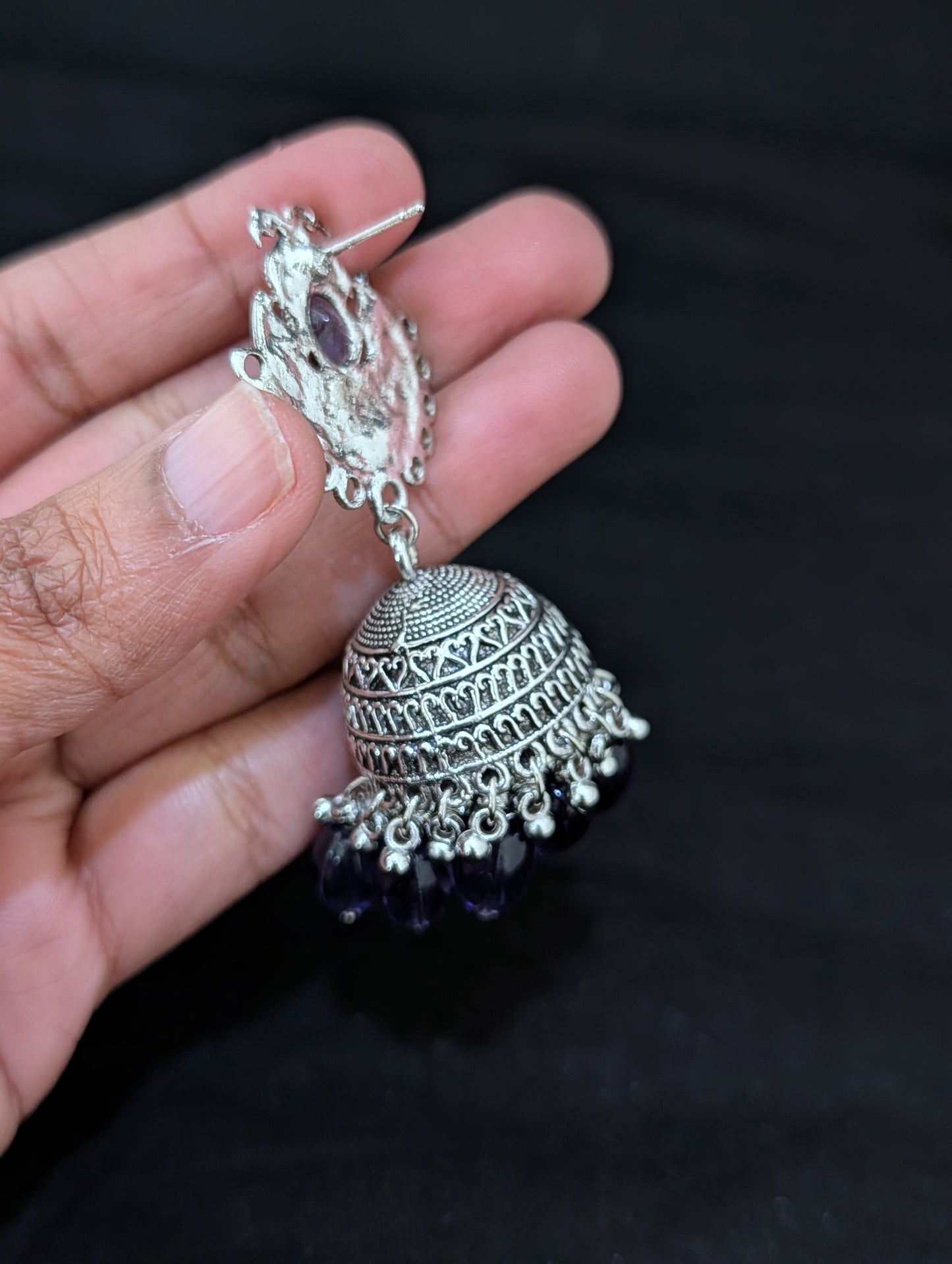 Oxidized silver beaded Jhumka earrings - Simpliful
