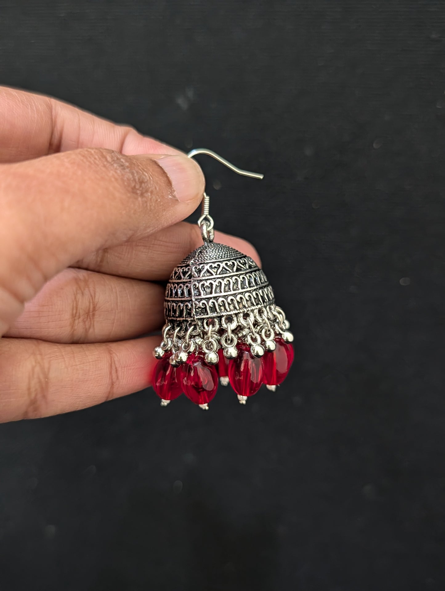 Oxidized silver beaded hook drop Jhumka earrings