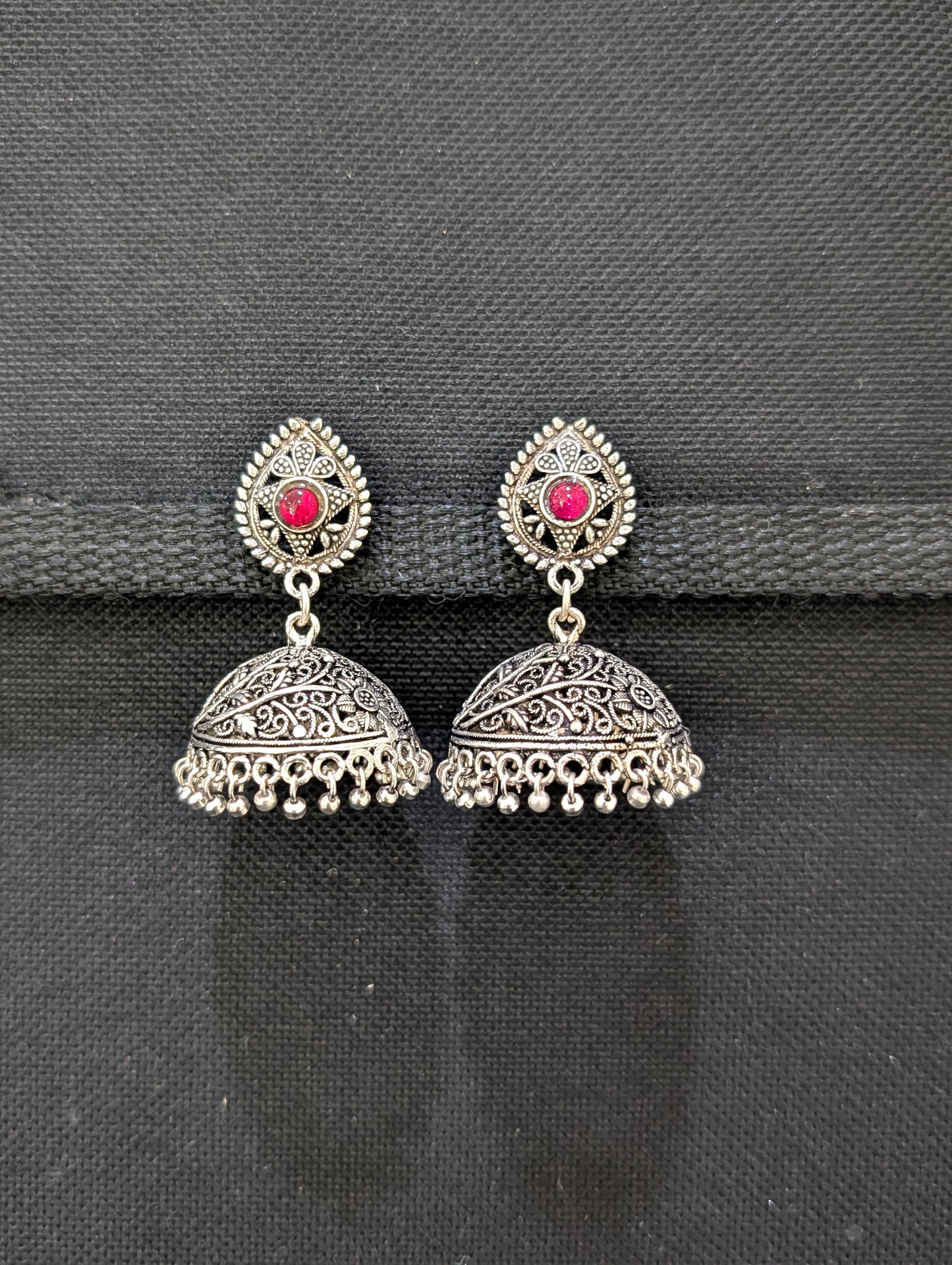 Oxidized silver kemp stone Jhumka earrings