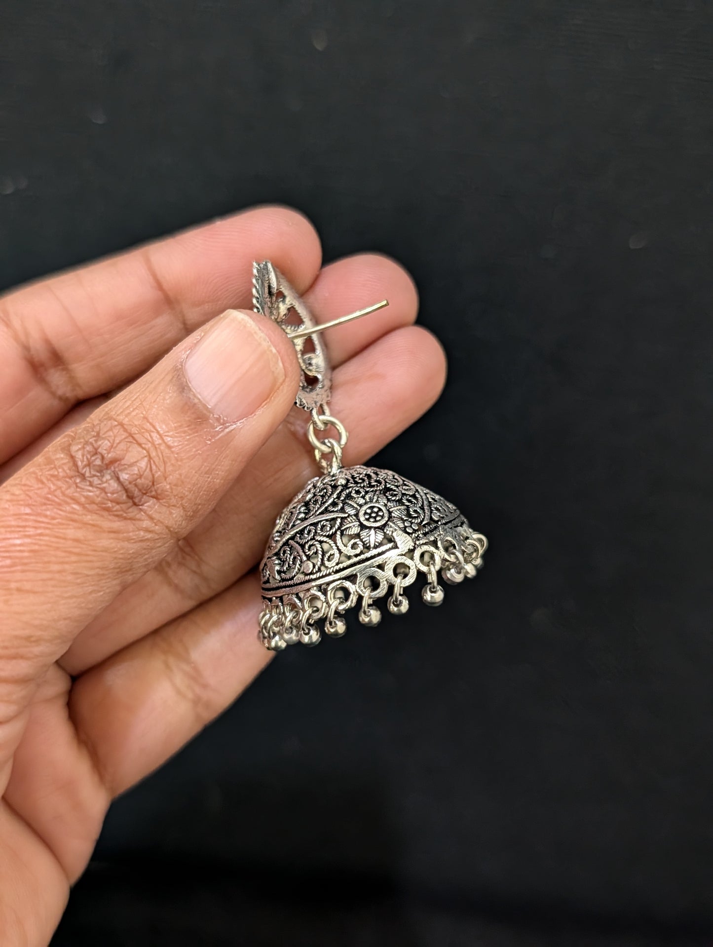 Oxidized silver kemp stone Jhumka earrings