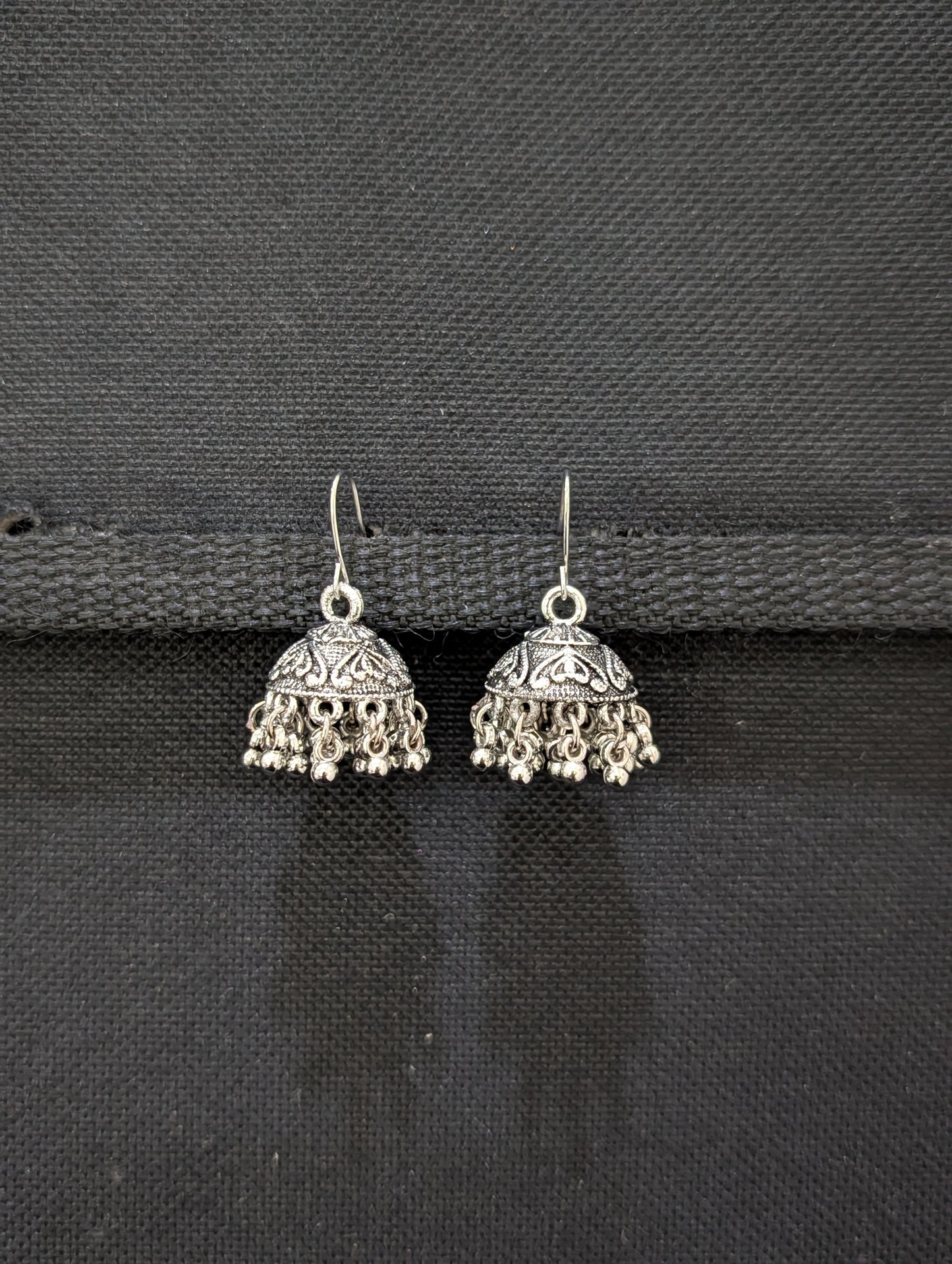 Oxidized silver heart etched hook drop Jhumka earrings
