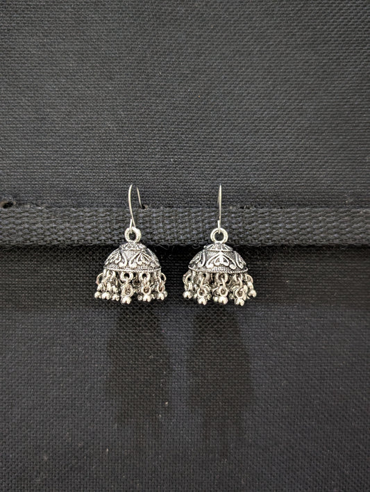 Oxidized silver heart etched hook drop Jhumka earrings