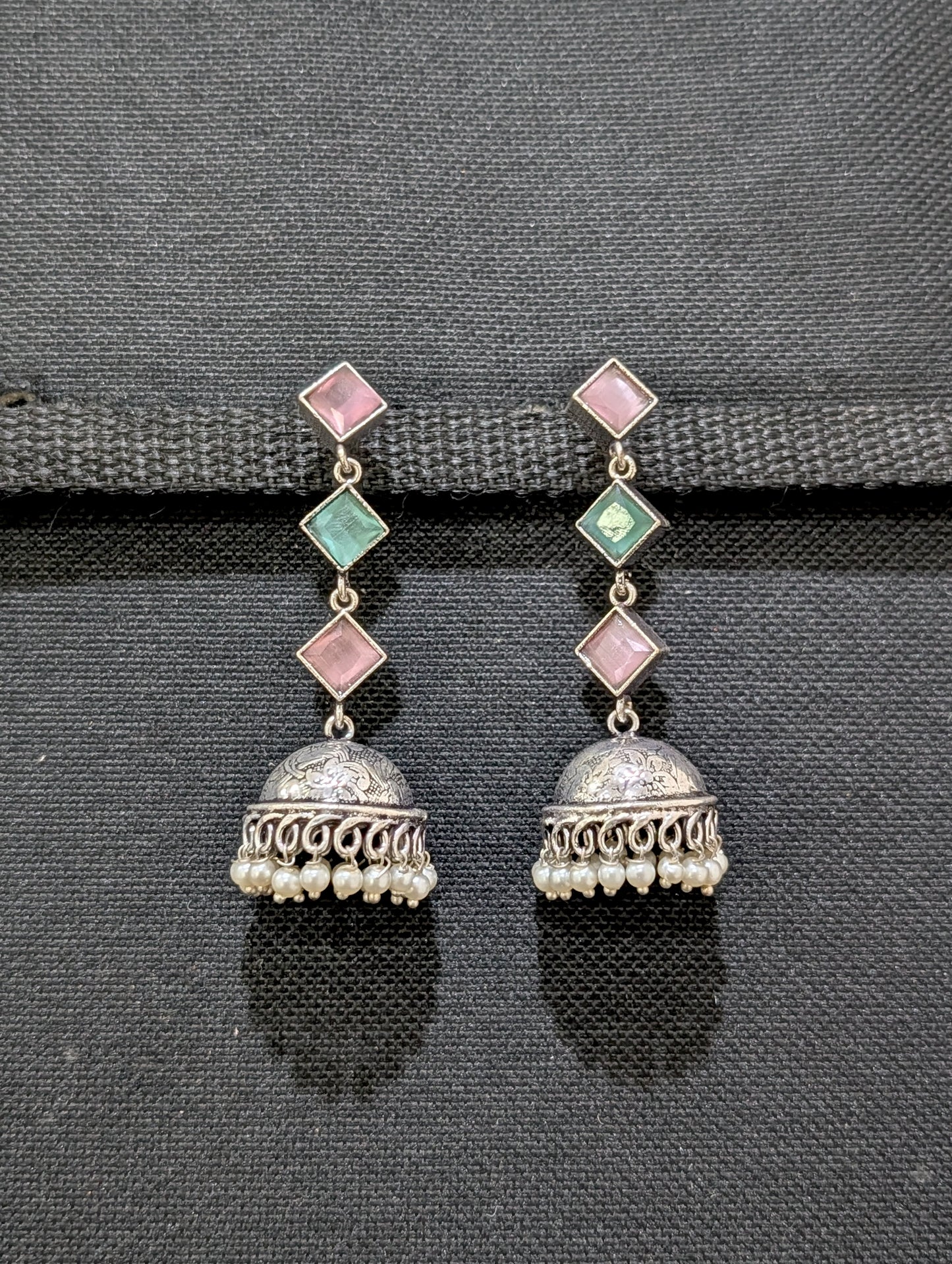 Oxidized Silver Diamond design Medium Jhumka Earrings - Simpliful