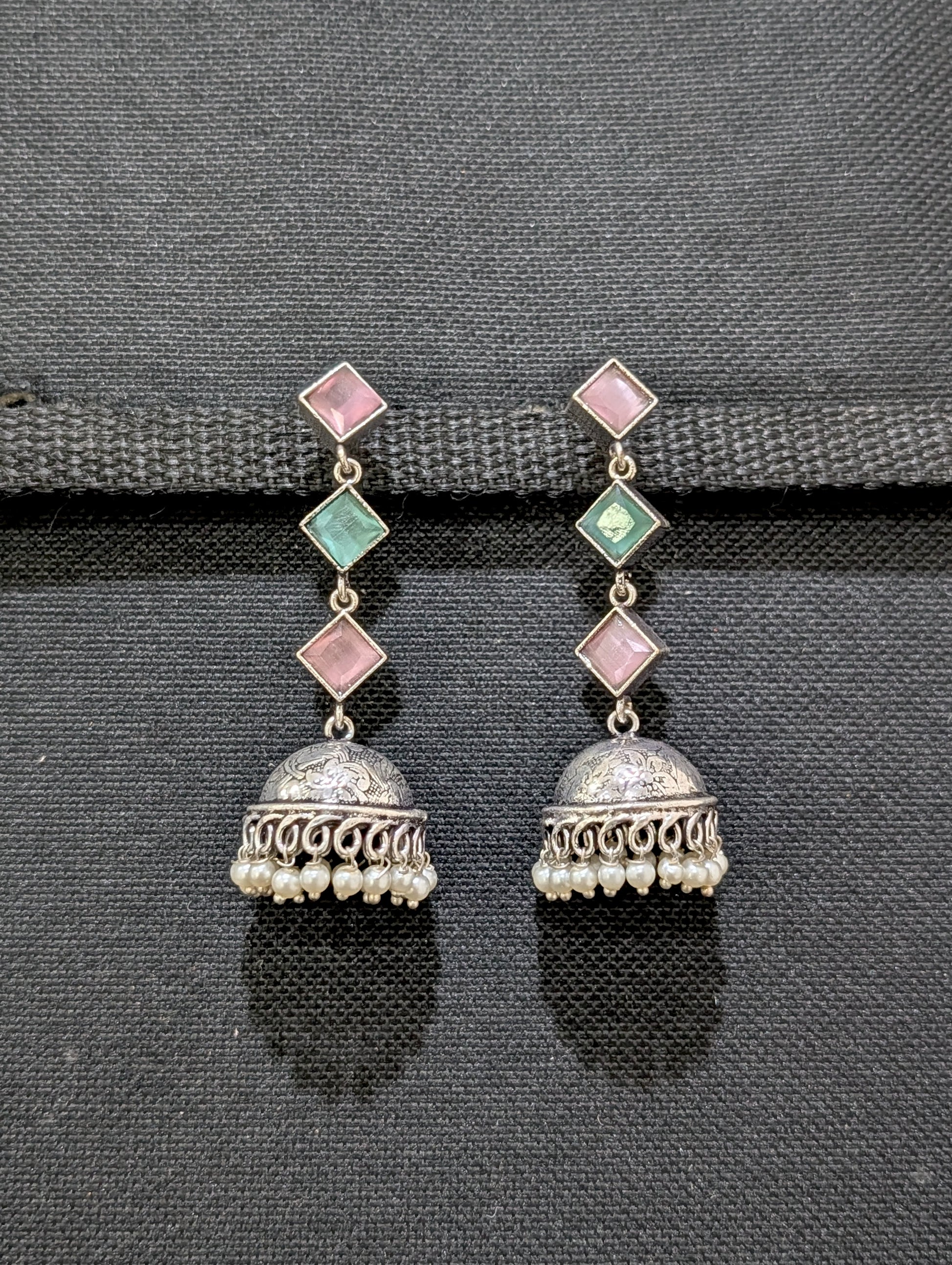 Oxidized Silver Diamond design Medium Jhumka Earrings - Simpliful