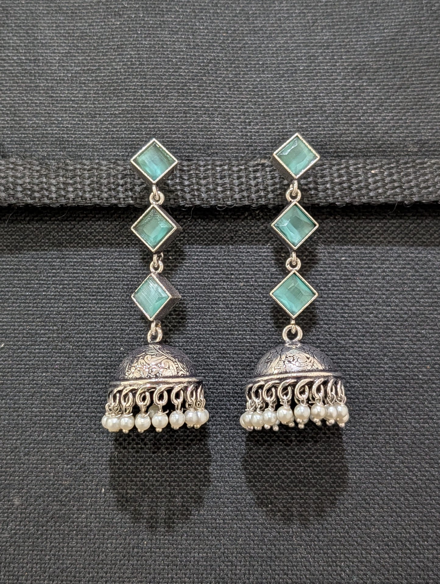 Oxidized Silver Diamond design Medium Jhumka Earrings - Simpliful