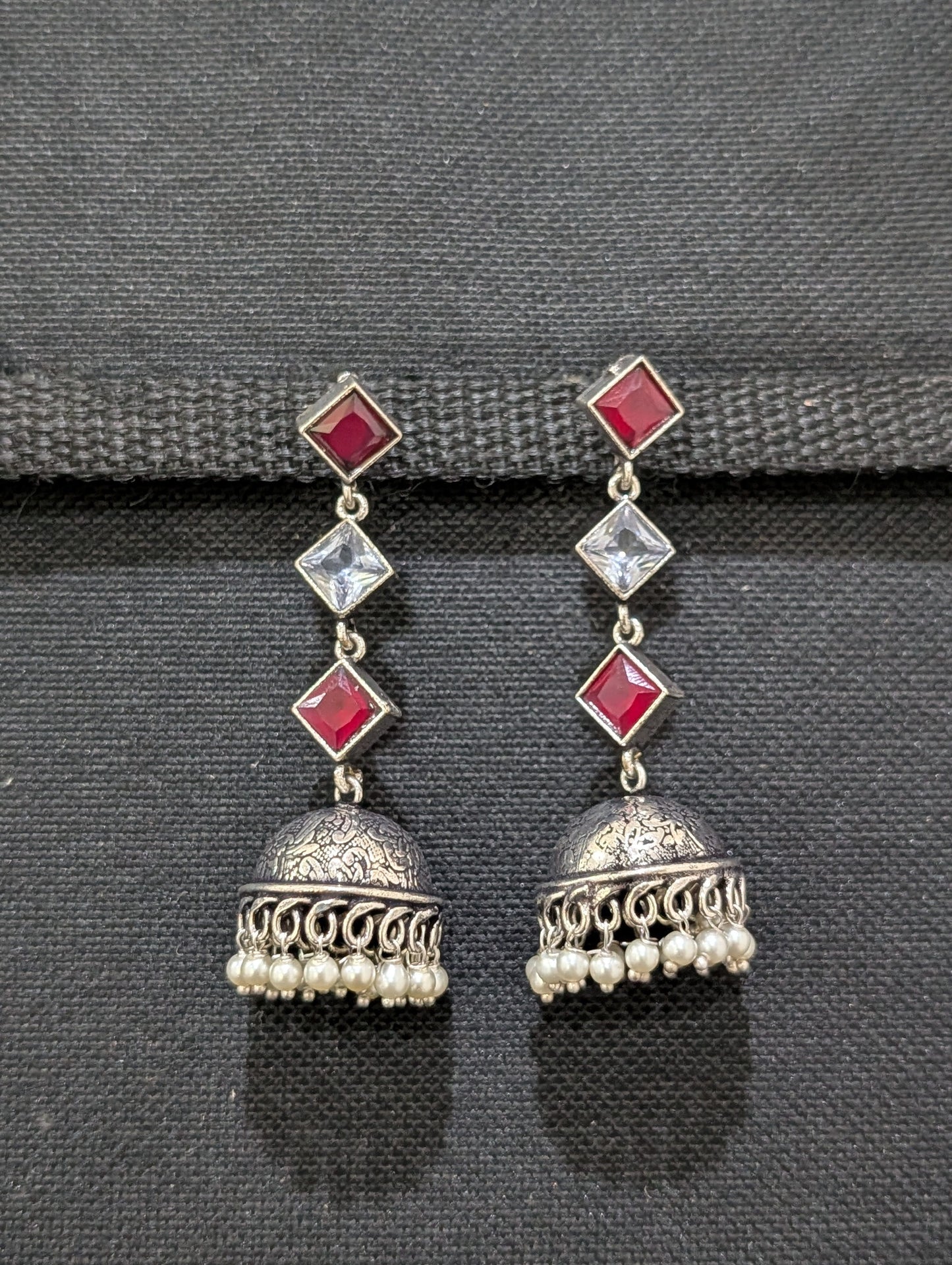 Oxidized Silver Diamond design Medium Jhumka Earrings - Simpliful