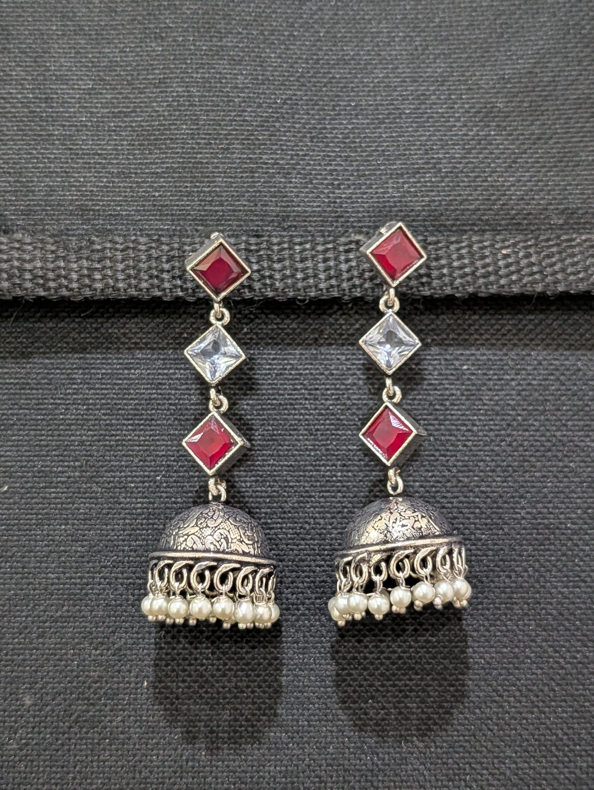 Oxidized Silver Diamond design Medium Jhumka Earrings - Simpliful