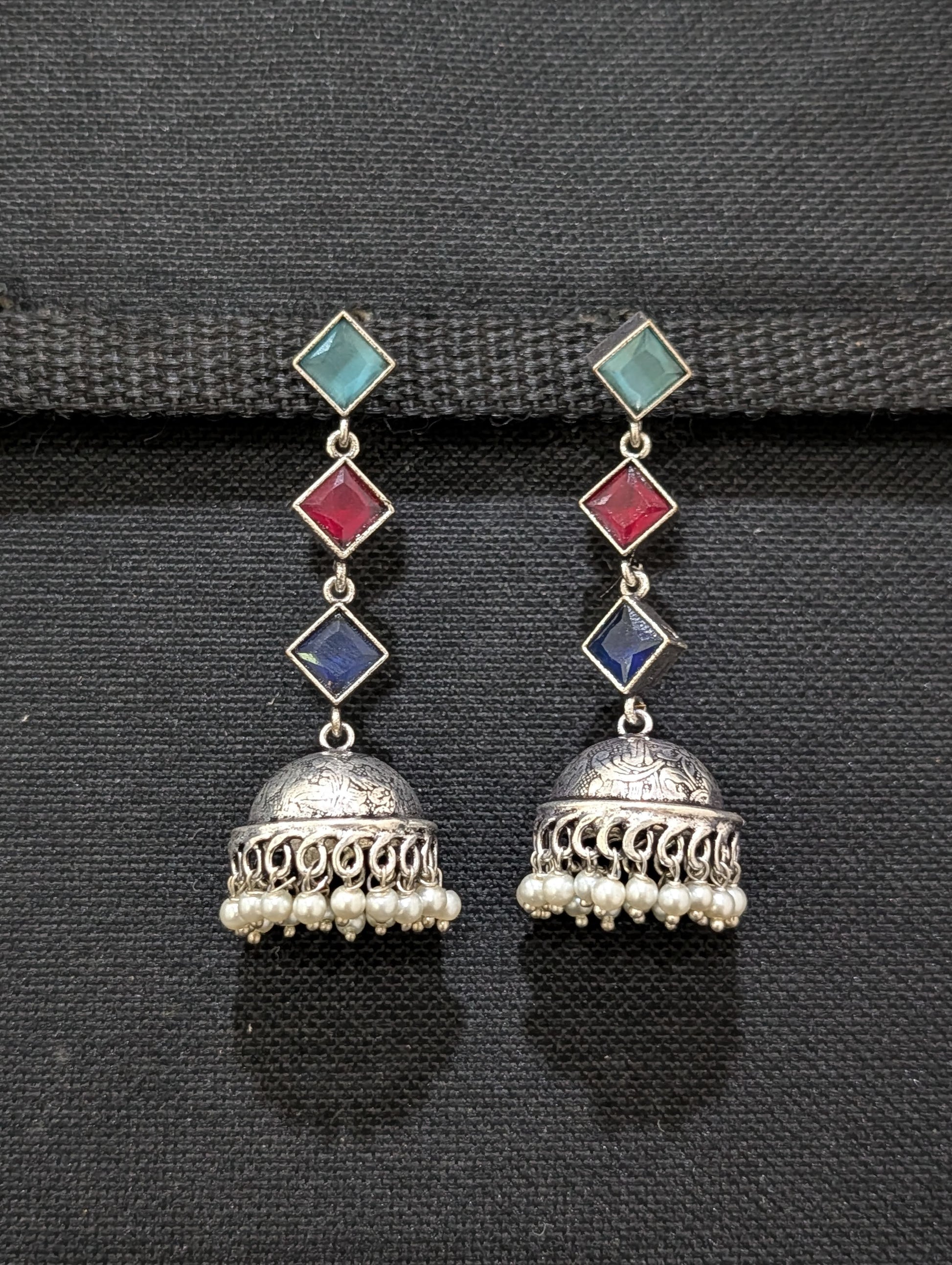 Oxidized Silver Diamond design Medium Jhumka Earrings - Simpliful