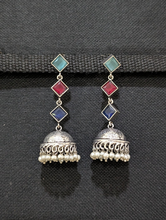 Oxidized Silver Diamond design Medium Jhumka Earrings - Simpliful