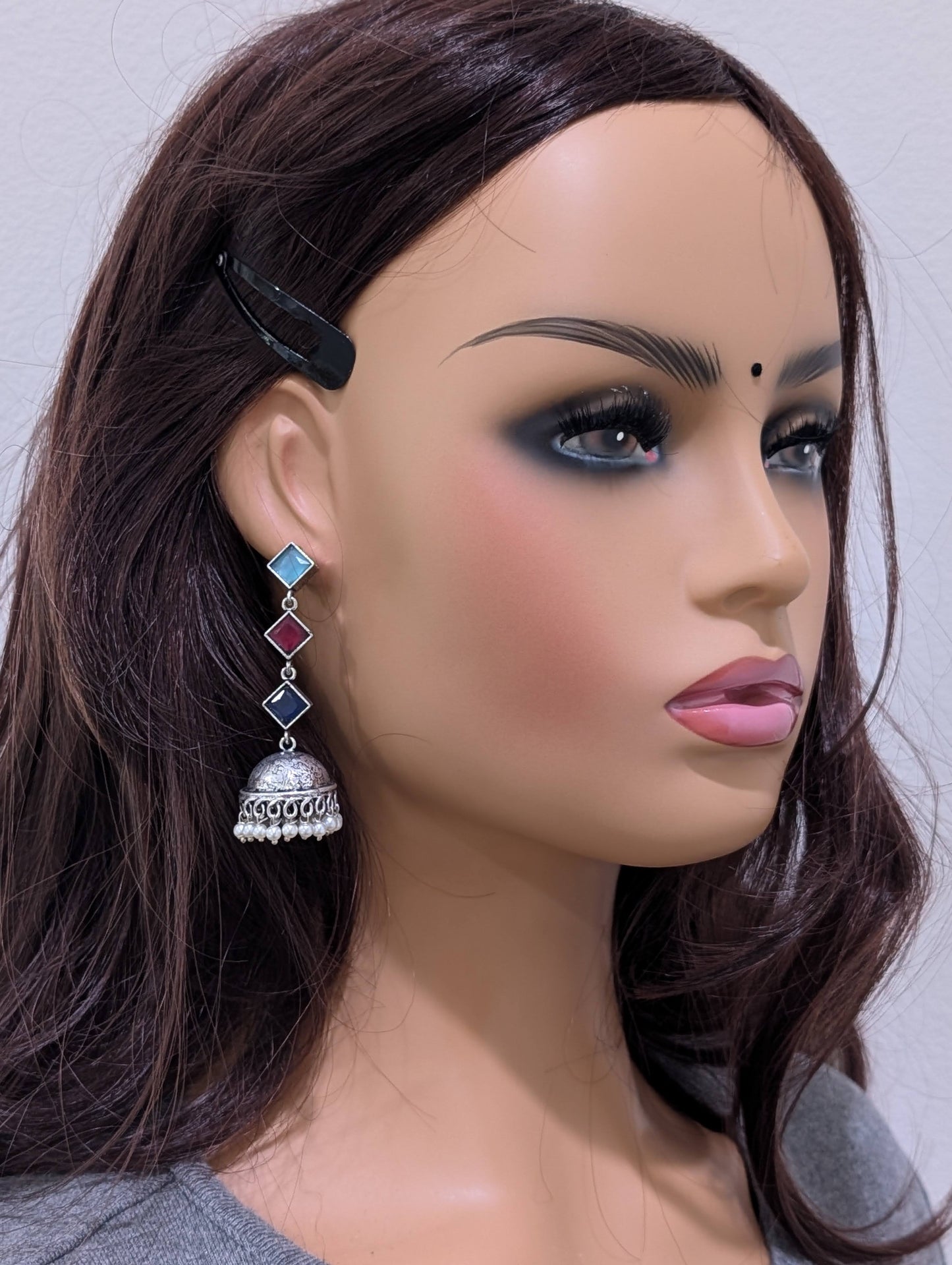 Oxidized Silver Diamond design Medium Jhumka Earrings - Simpliful