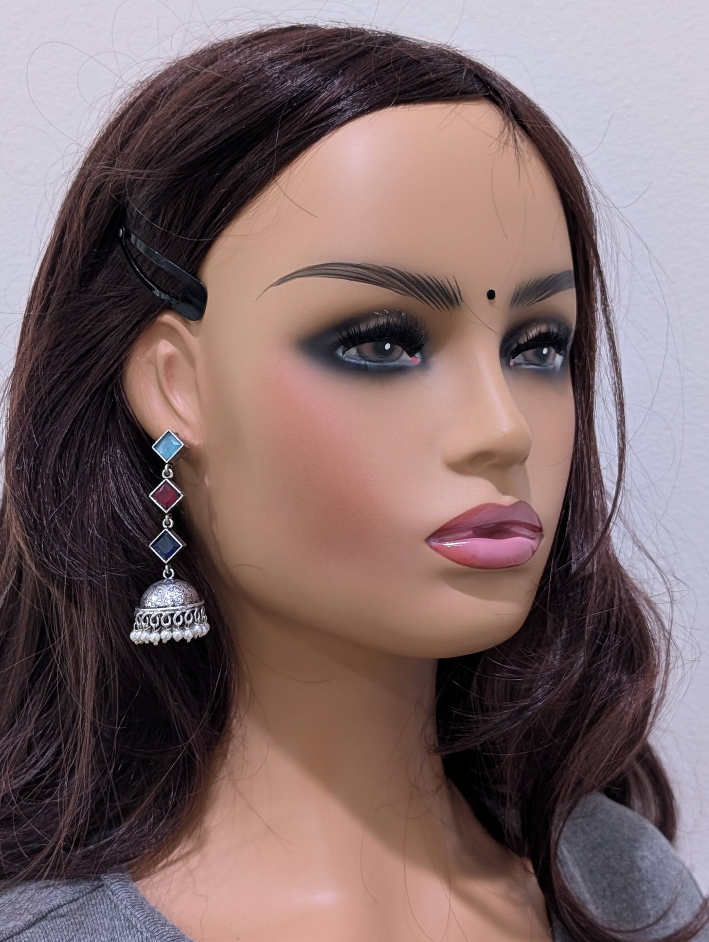 Oxidized Silver Diamond design Medium Jhumka Earrings - Simpliful