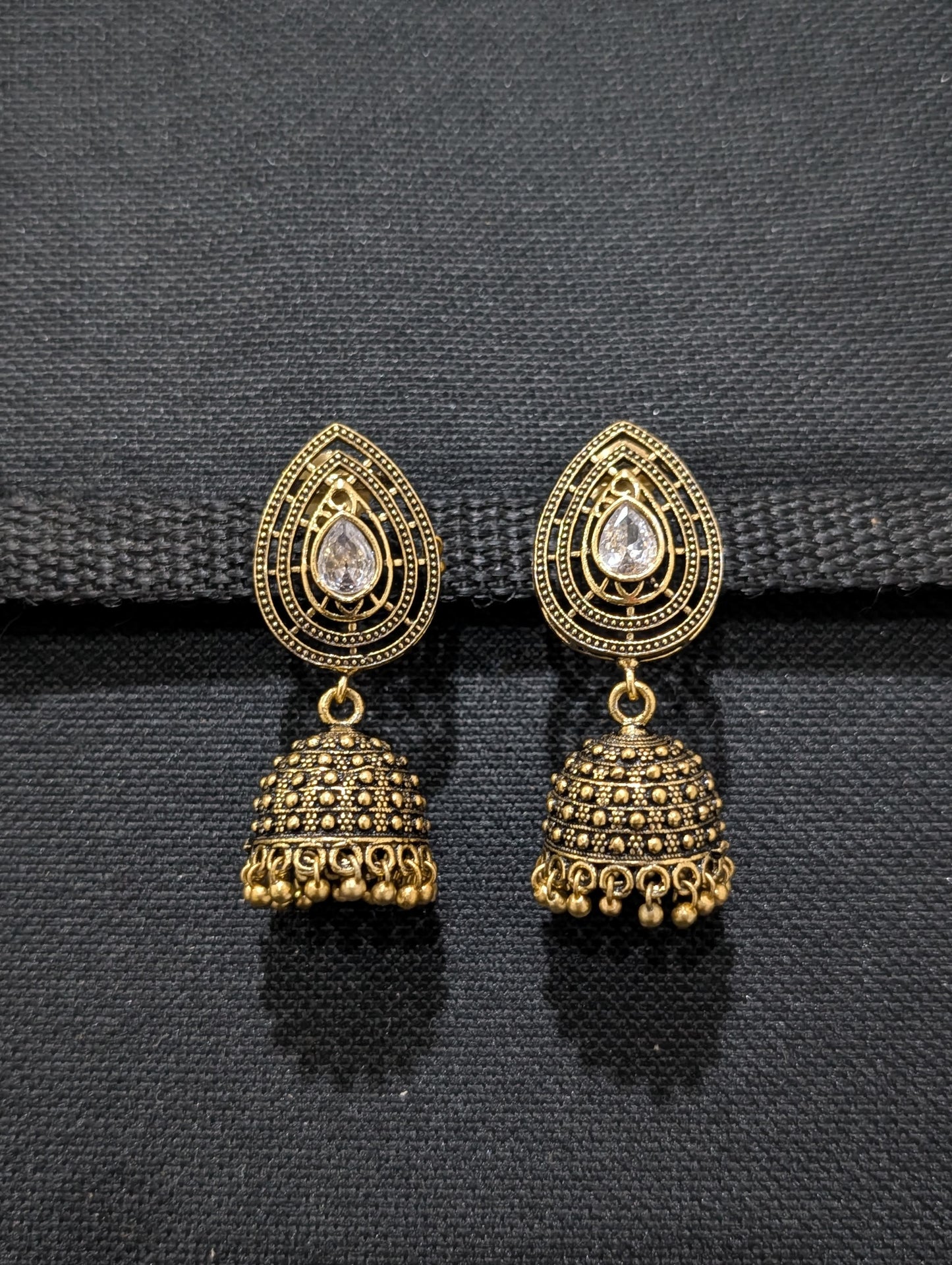 Antique oxidized gold Teardrop CZ jhumka earrings - Simpliful