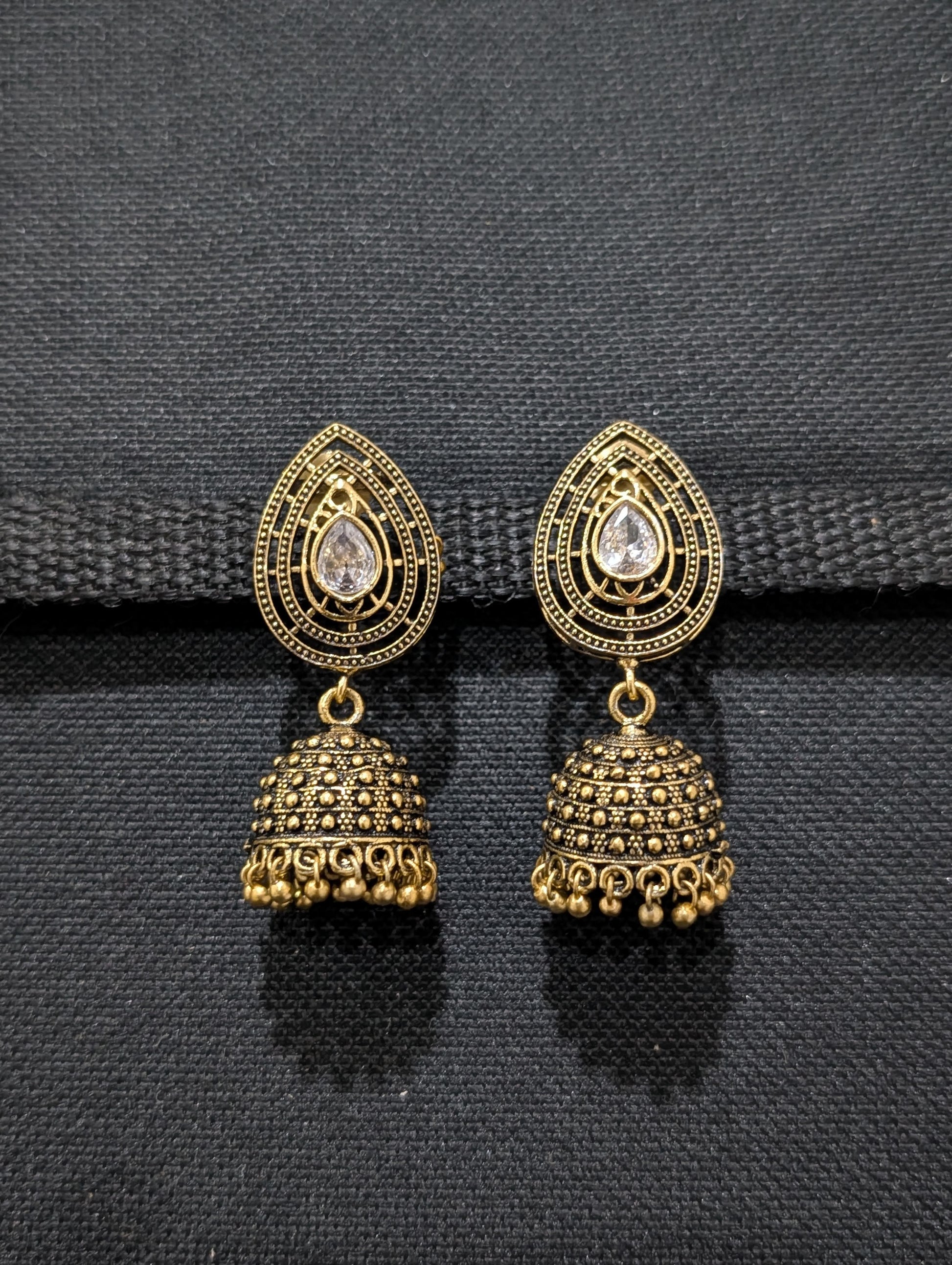 Antique oxidized gold Teardrop CZ jhumka earrings - Simpliful