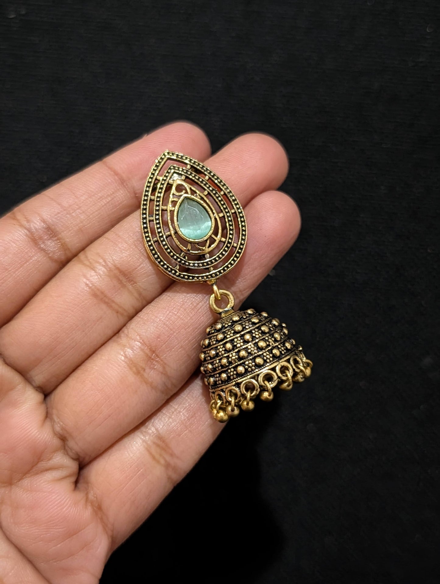 Antique oxidized gold Teardrop CZ jhumka earrings - Simpliful