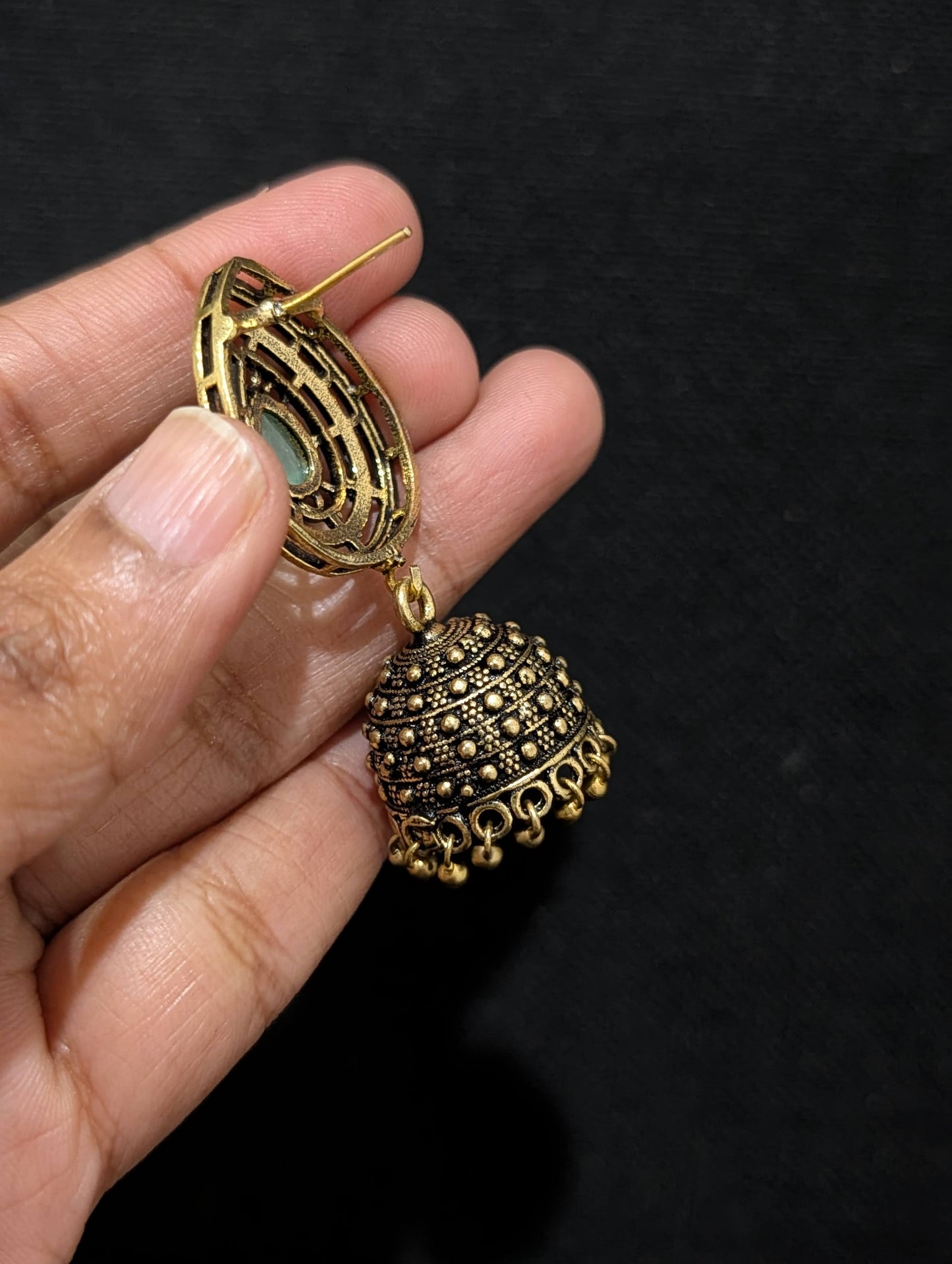 Antique oxidized gold Teardrop CZ jhumka earrings - Simpliful