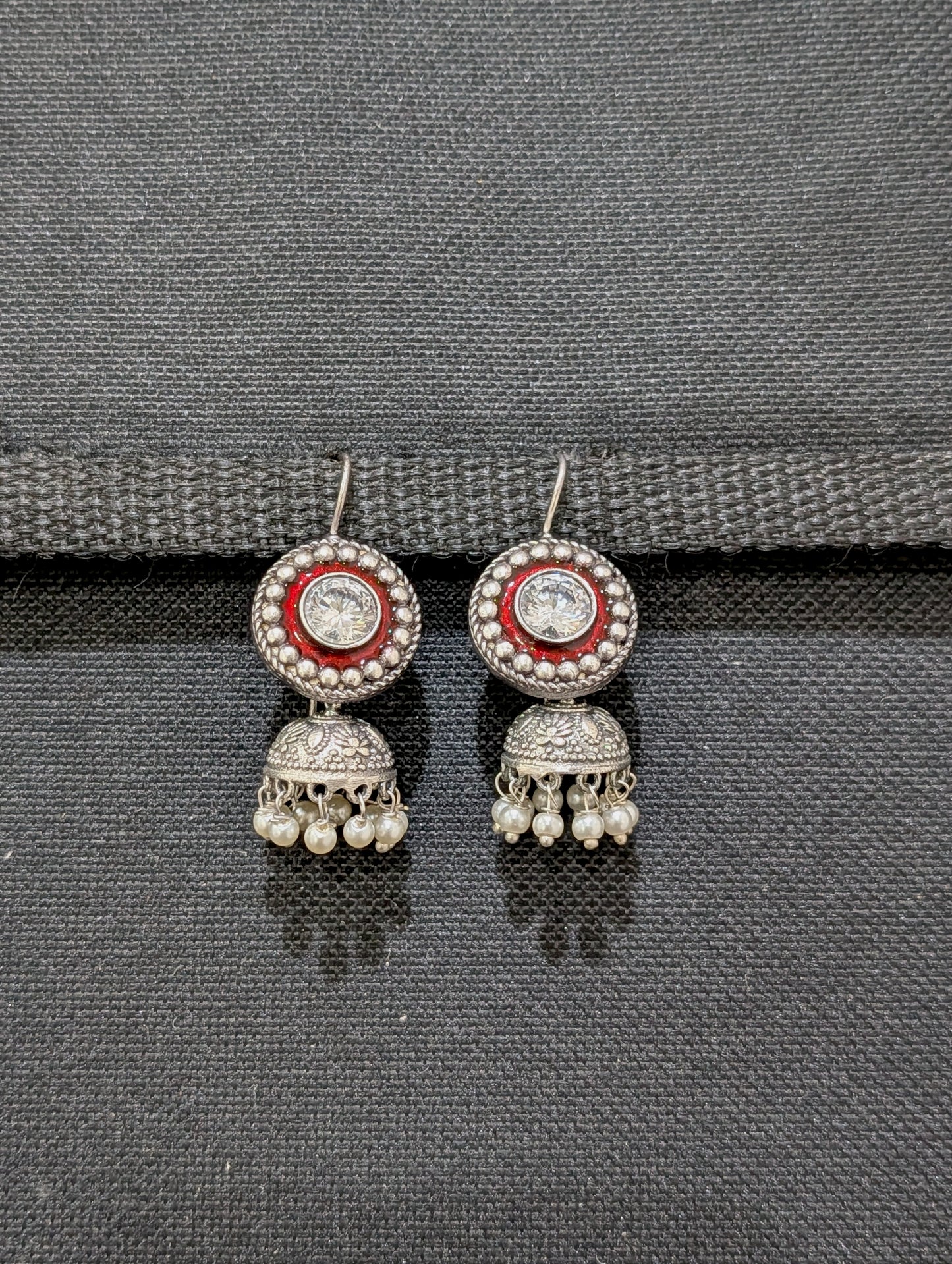 Oxidized silver Enamel CZ Hook drop Jhumka Earrings - Simpliful