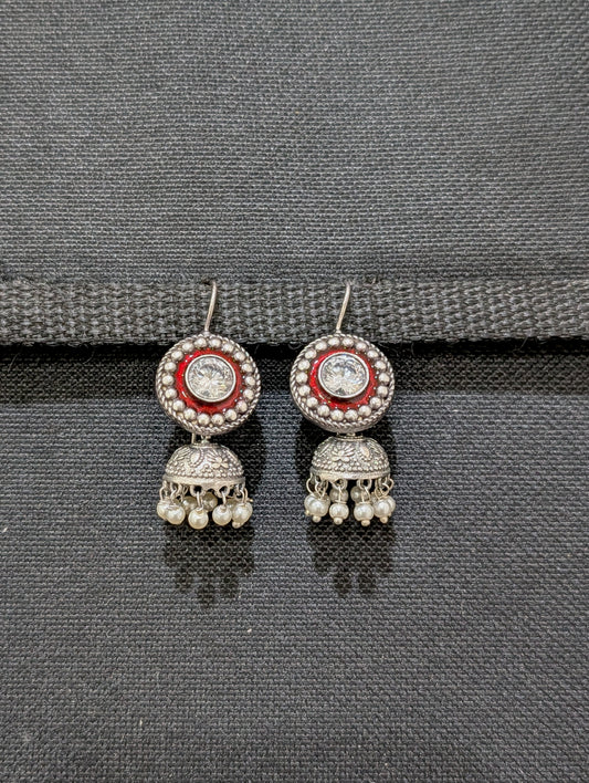 Oxidized silver Enamel CZ Hook drop Jhumka Earrings - Simpliful