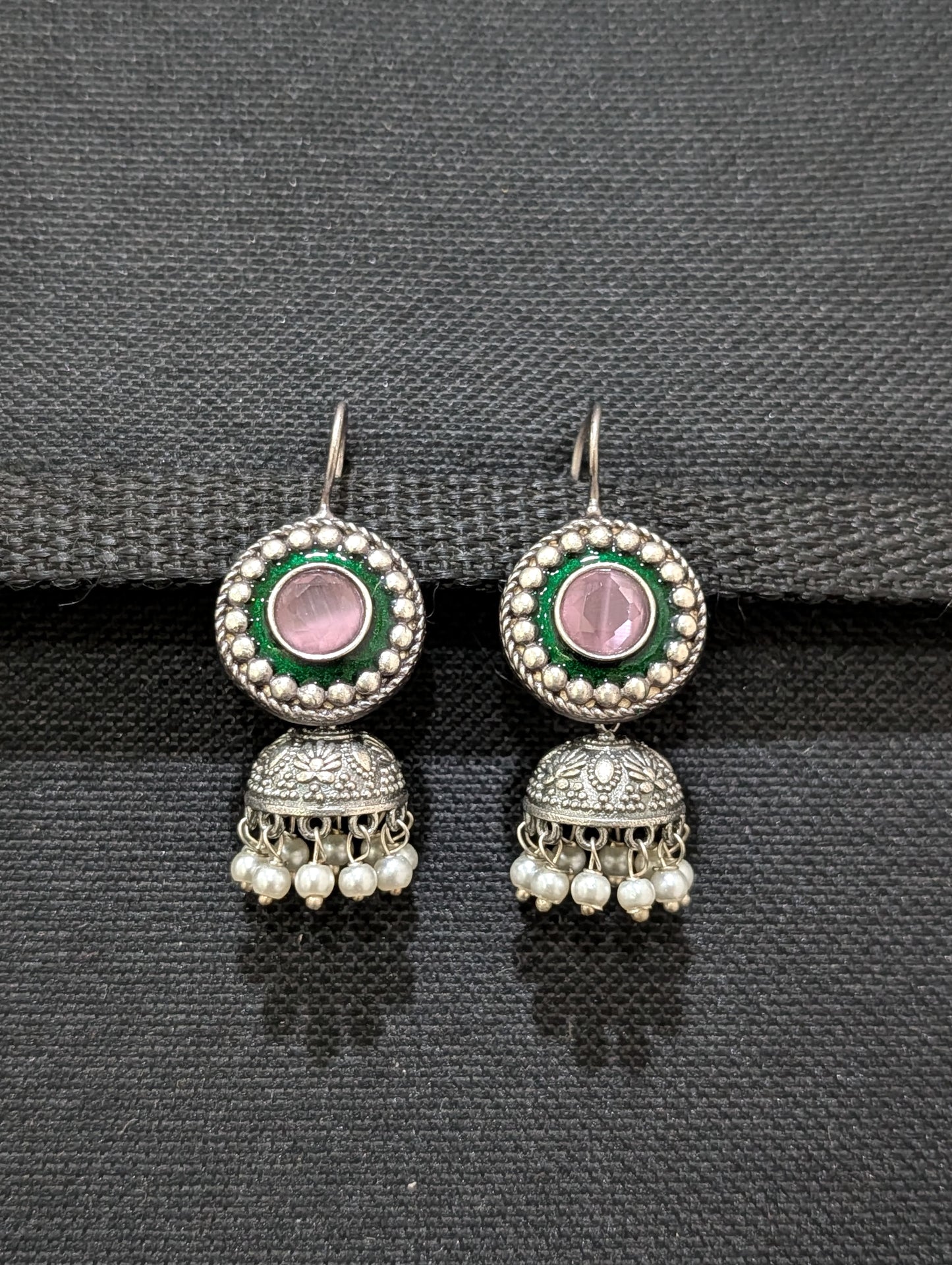 Oxidized silver Enamel CZ Hook drop Jhumka Earrings - Simpliful