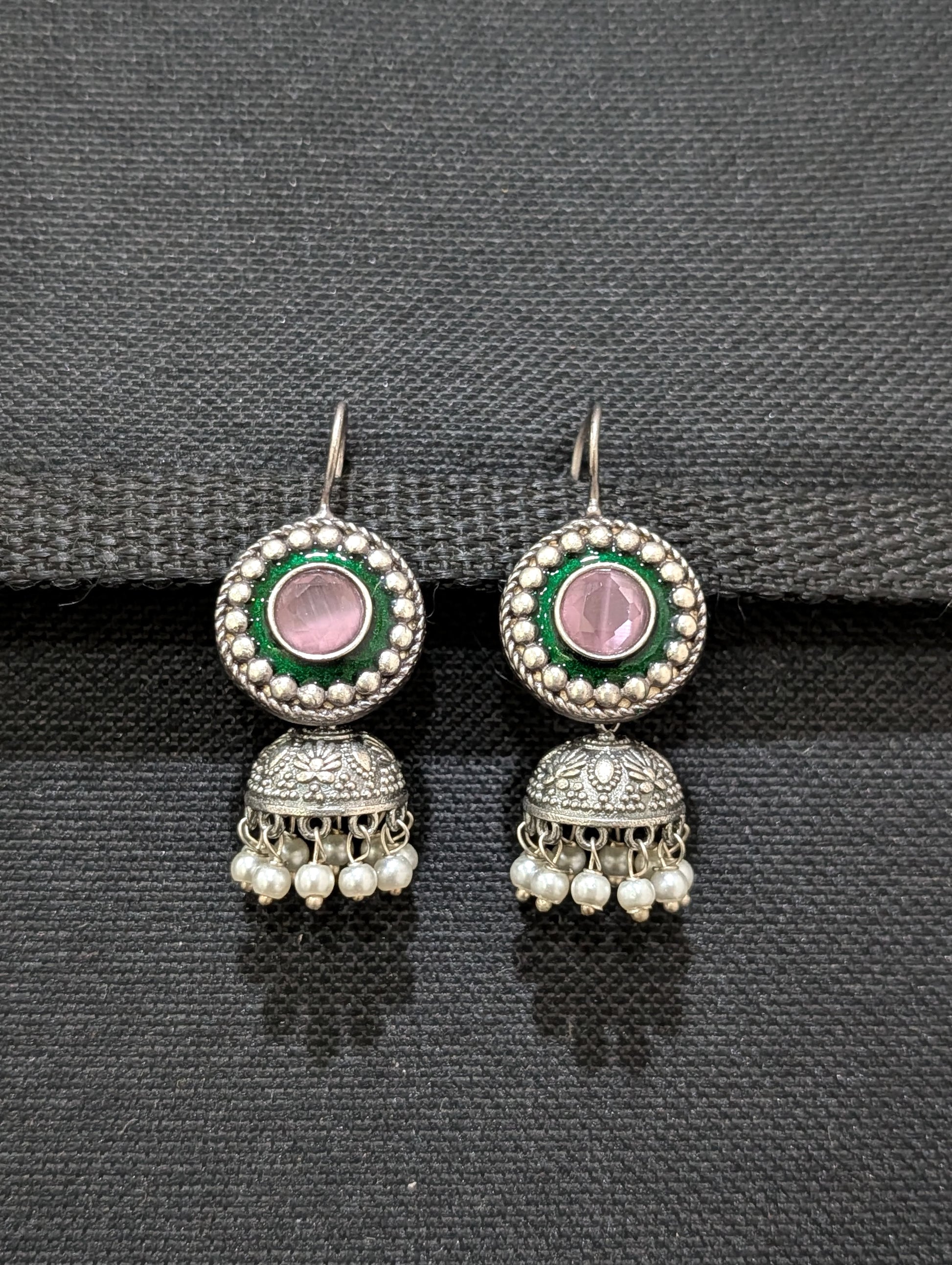 Oxidized silver Enamel CZ Hook drop Jhumka Earrings - Simpliful