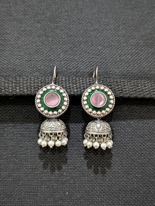 Oxidized silver Enamel CZ Hook drop Jhumka Earrings