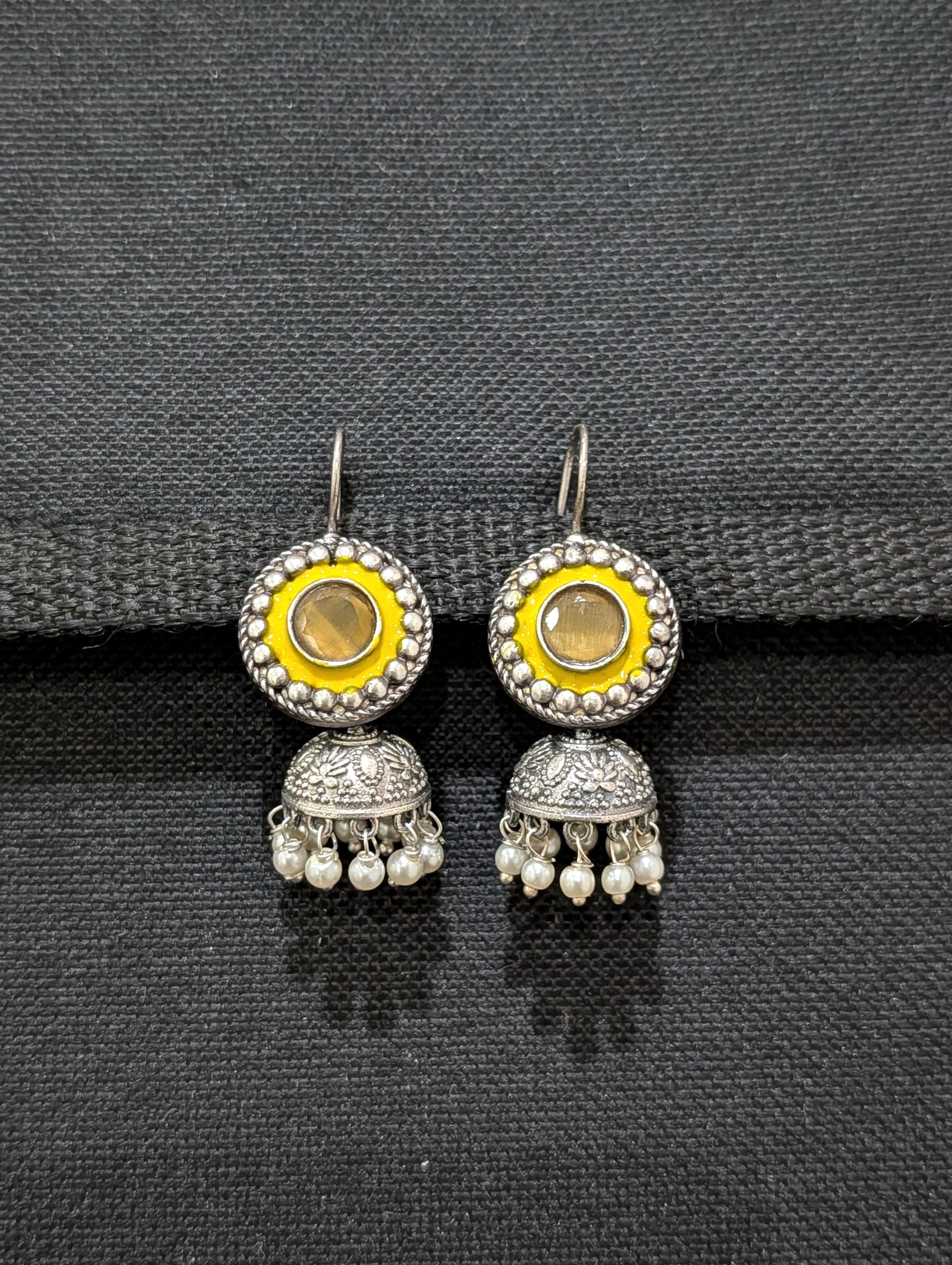 Oxidized silver Enamel CZ Hook drop Jhumka Earrings - Simpliful